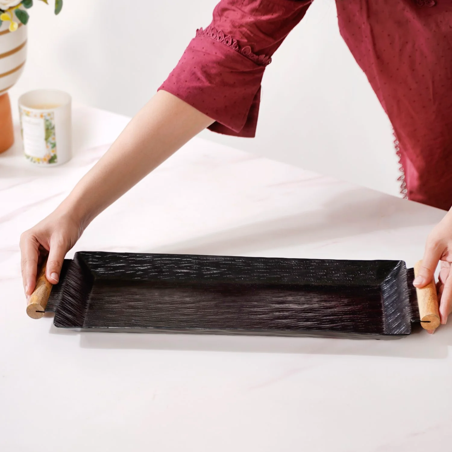 Matte Black Rectangle Metal Tray With Wooden Handle 19x6 Inch - Image 3