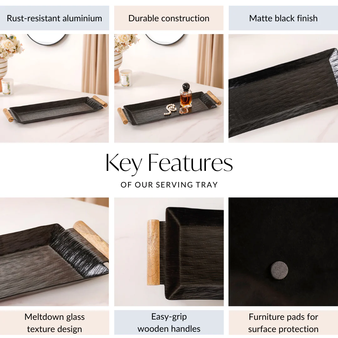 Matte Black Rectangle Metal Tray With Wooden Handle 19x6 Inch - Image 4
