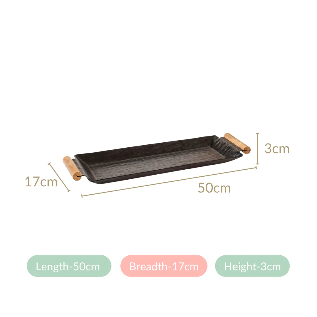 Matte Black Rectangle Metal Tray With Wooden Handle 19x6 Inch - Image 5