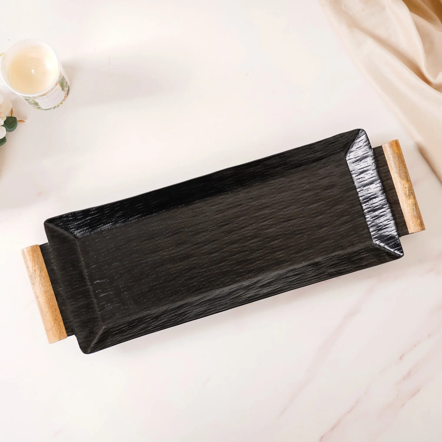 Matte Black Rectangle Metal Tray With Wooden Handle 19x6 Inch - Image 7