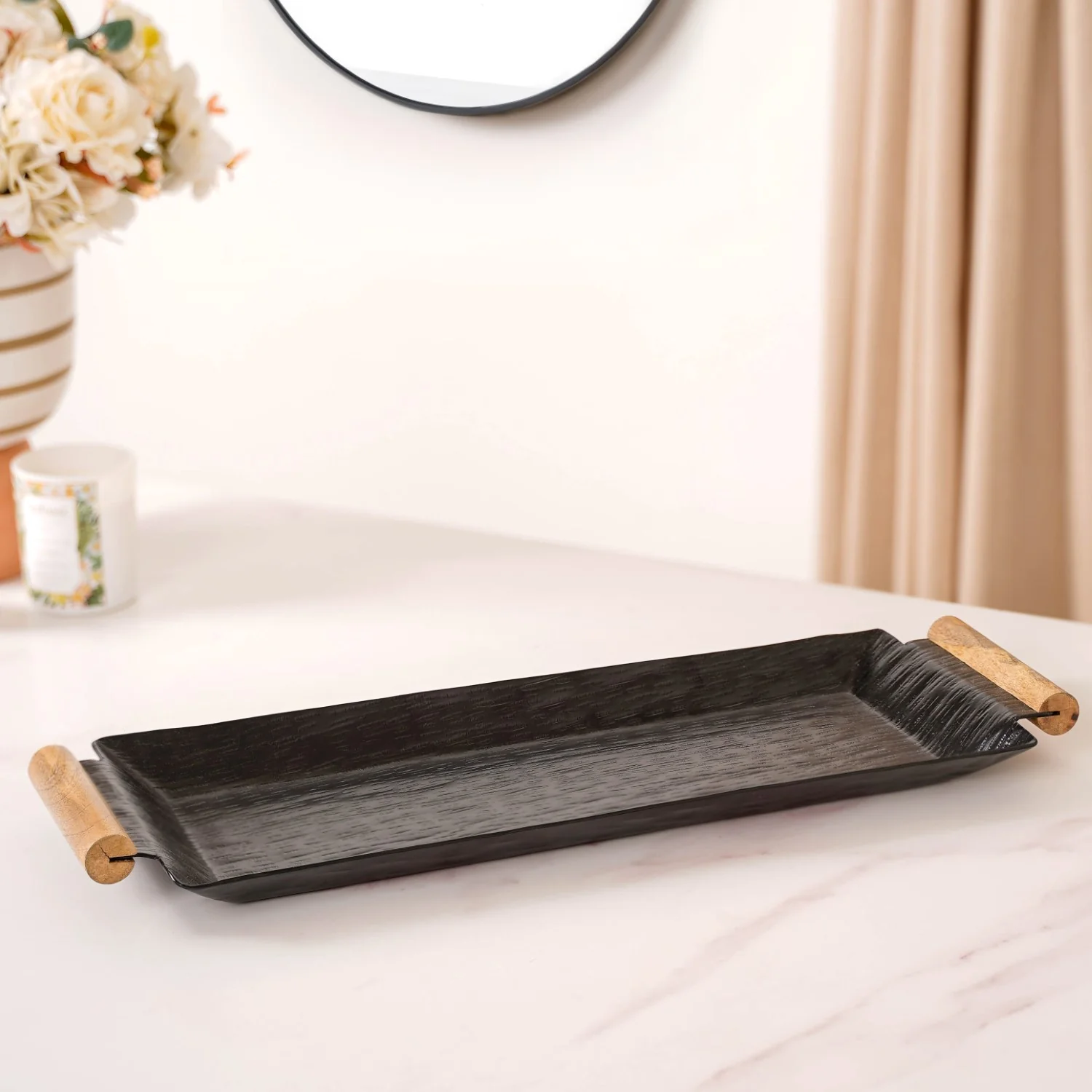 Matte Black Rectangle Metal Tray With Wooden Handle 19x6 Inch - Image 9