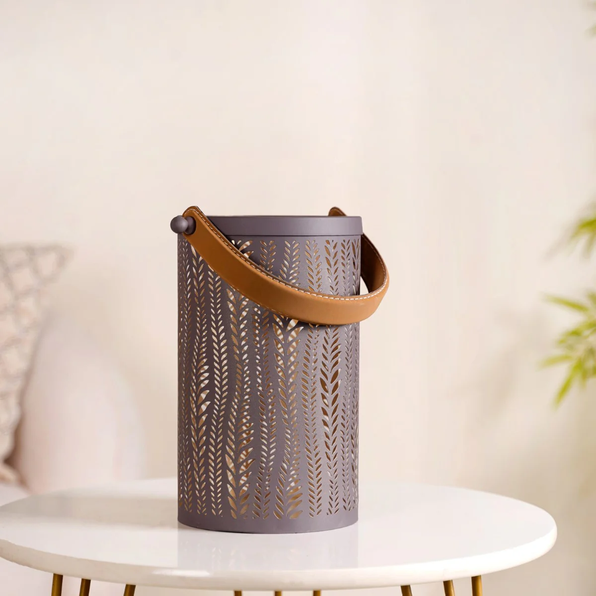 Matte Taupe Leaves Cutwork Metal Lantern Set Of 2 - Image 10