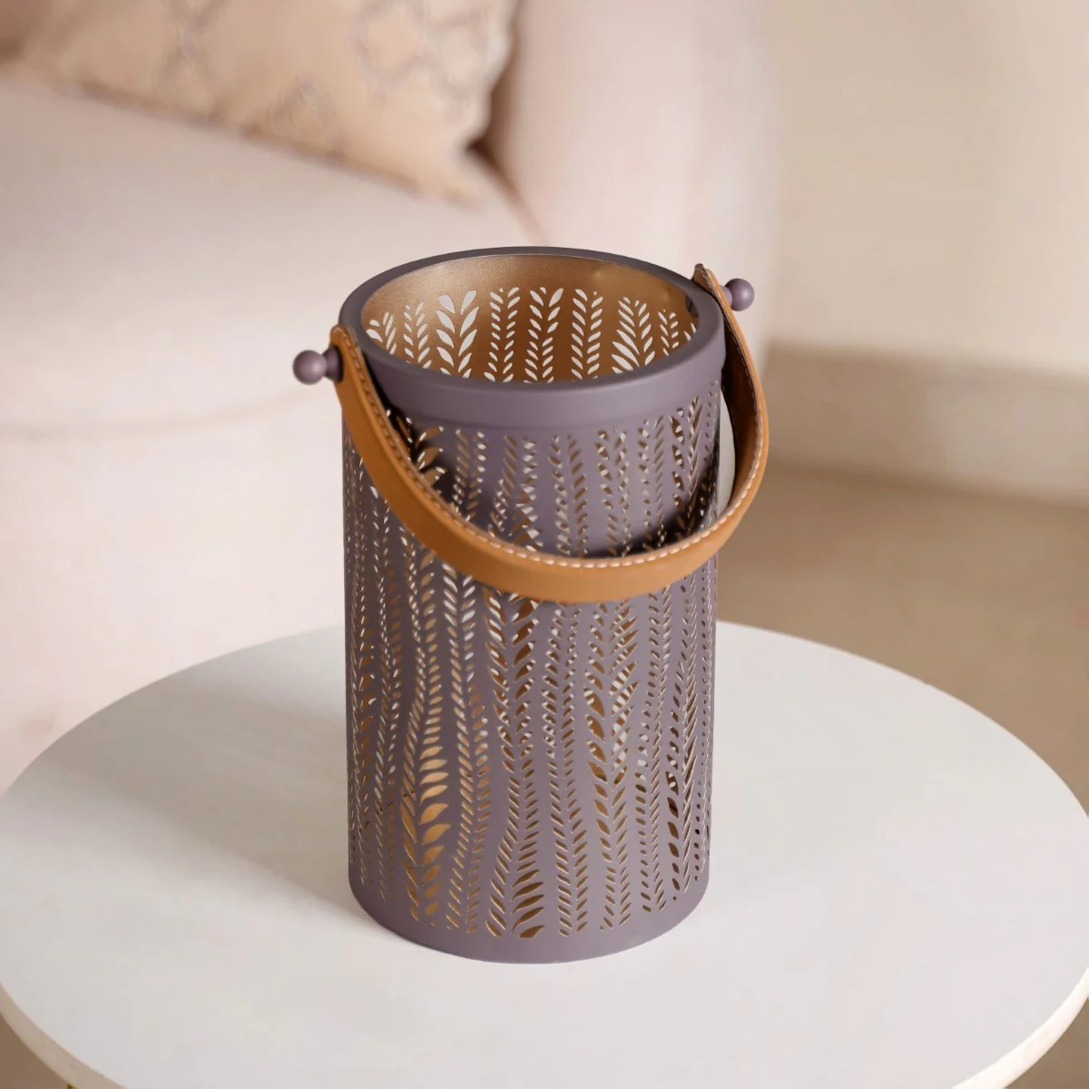 Matte Taupe Leaves Cutwork Metal Lantern Set Of 2 - Image 11