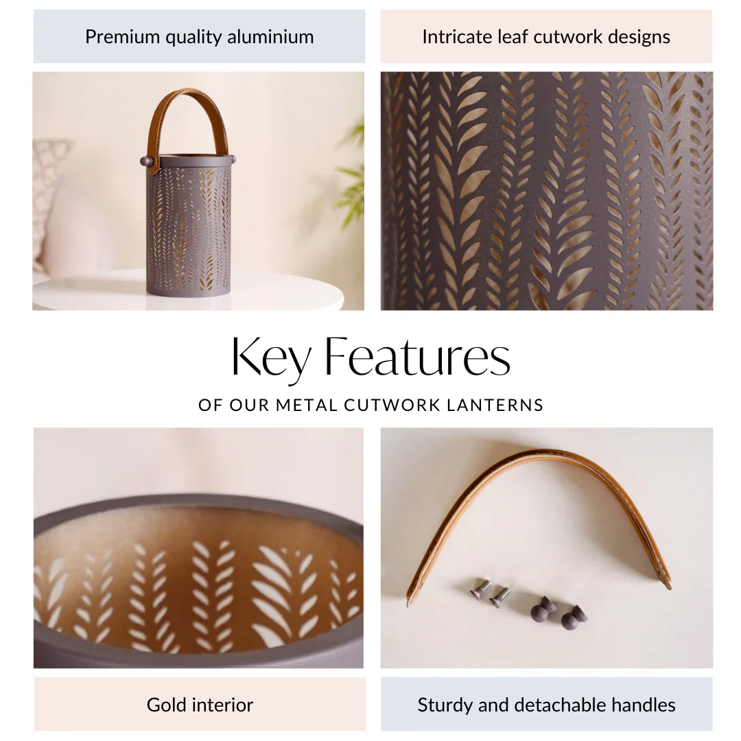 Matte Taupe Leaves Cutwork Metal Lantern Set Of 2 - Image 3