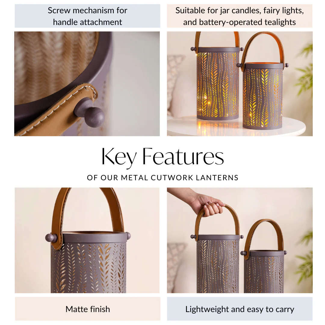Matte Taupe Leaves Cutwork Metal Lantern Set Of 2 - Image 4