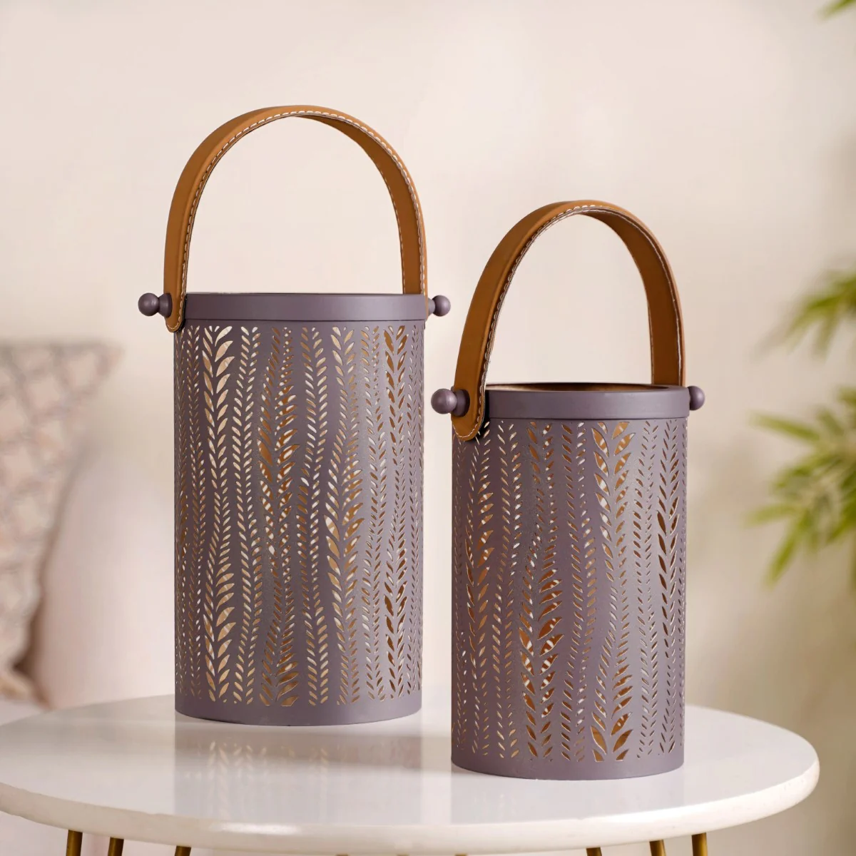 Matte Taupe Leaves Cutwork Metal Lantern Set Of 2 - Image 6