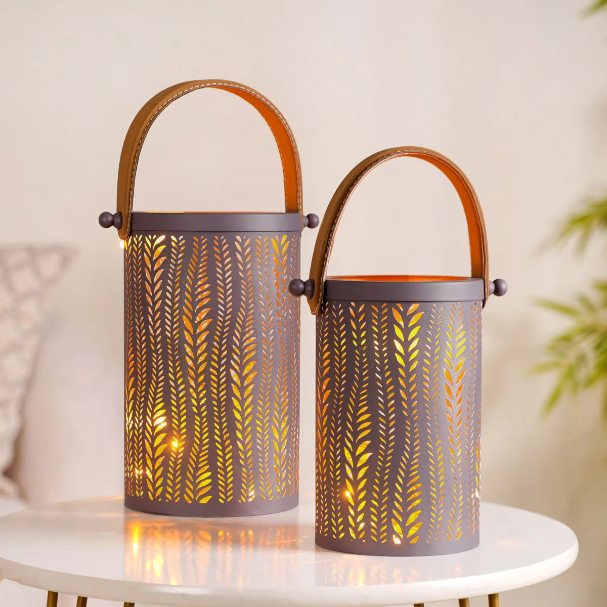 Matte Taupe Leaves Cutwork Metal Lantern Set Of 2 - Image 7