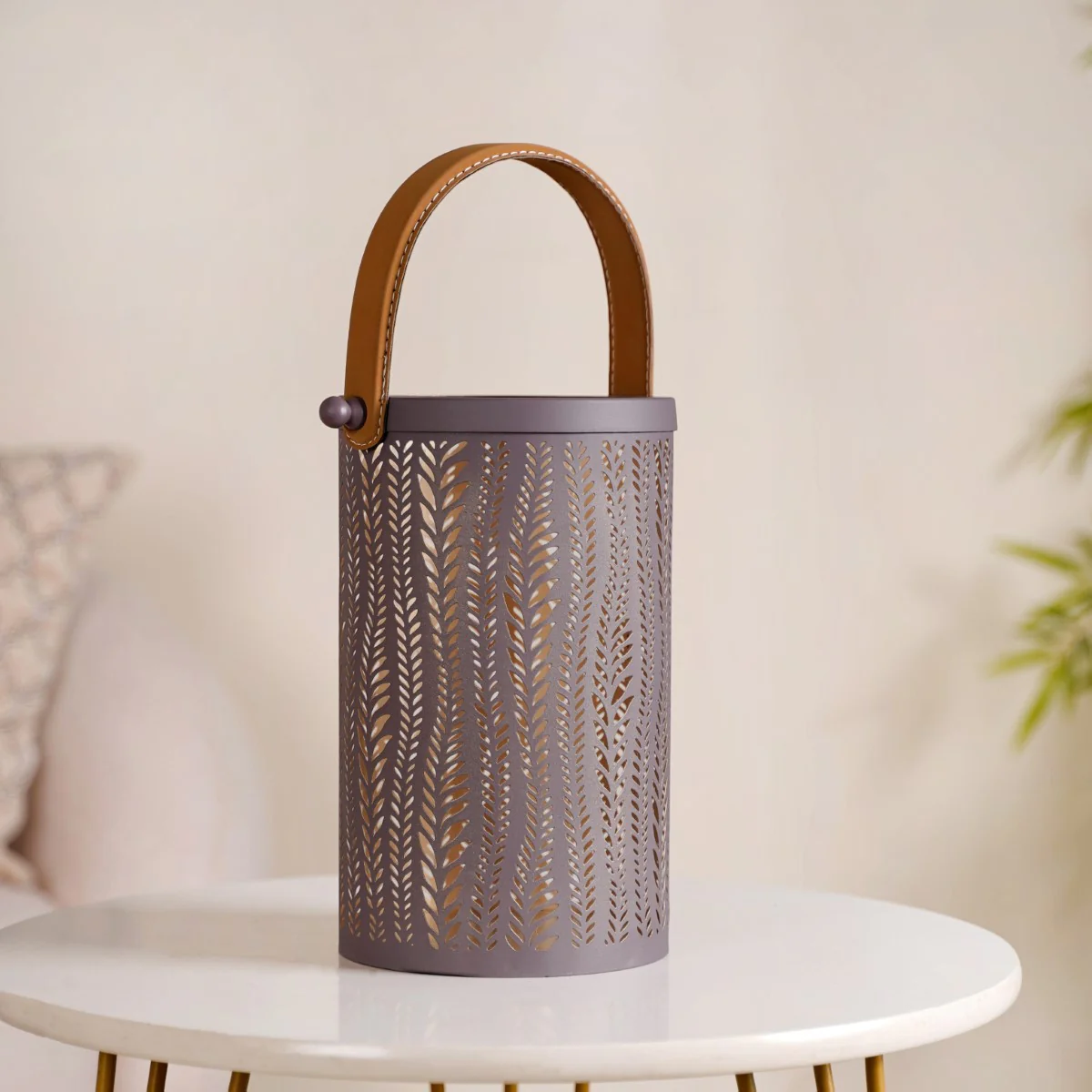 Matte Taupe Leaves Cutwork Metal Lantern Set Of 2 - Image 9