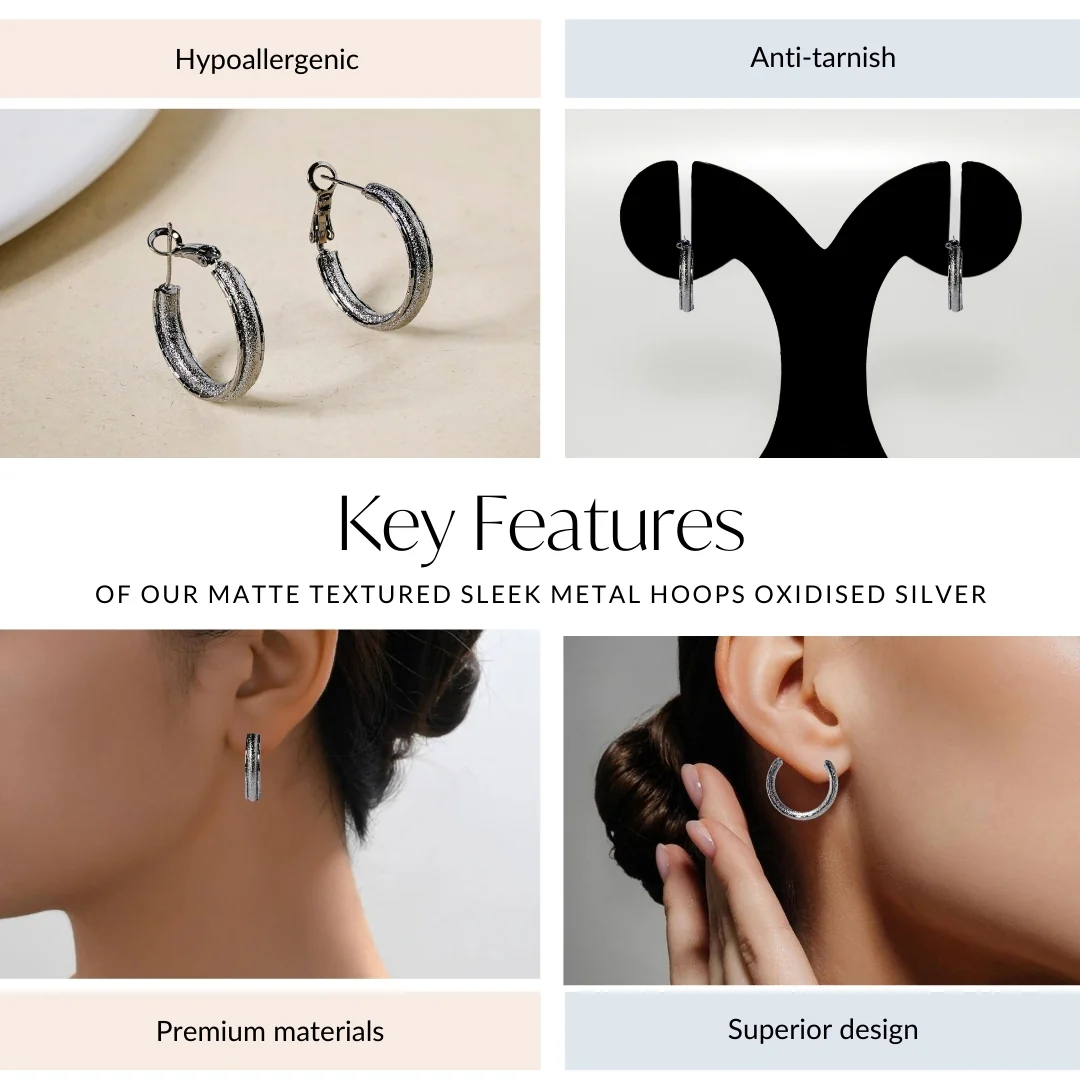 Matte Textured Sleek Metal Hoops Oxidised Silver - Image 4