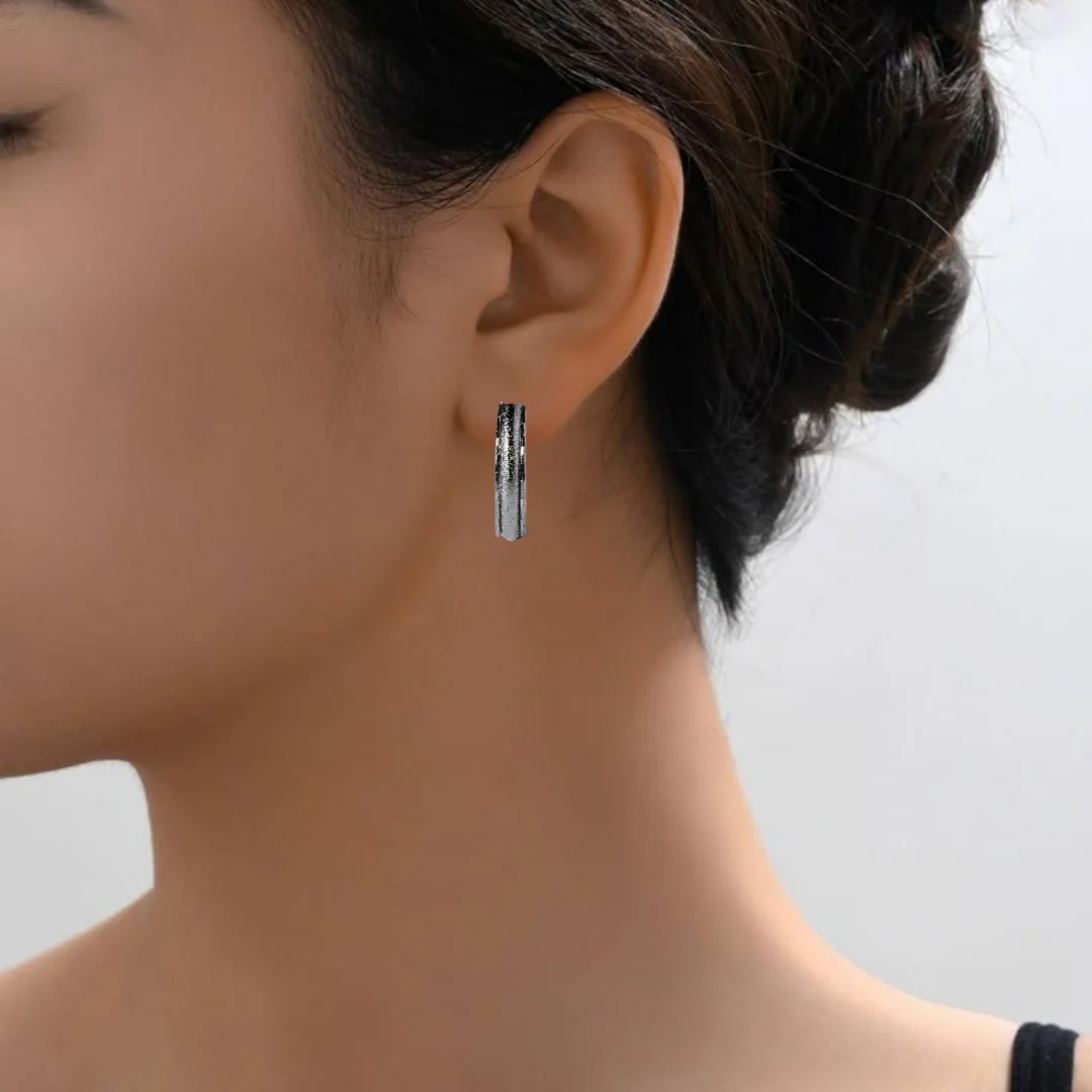 Matte Textured Sleek Metal Hoops Oxidised Silver - Image 5