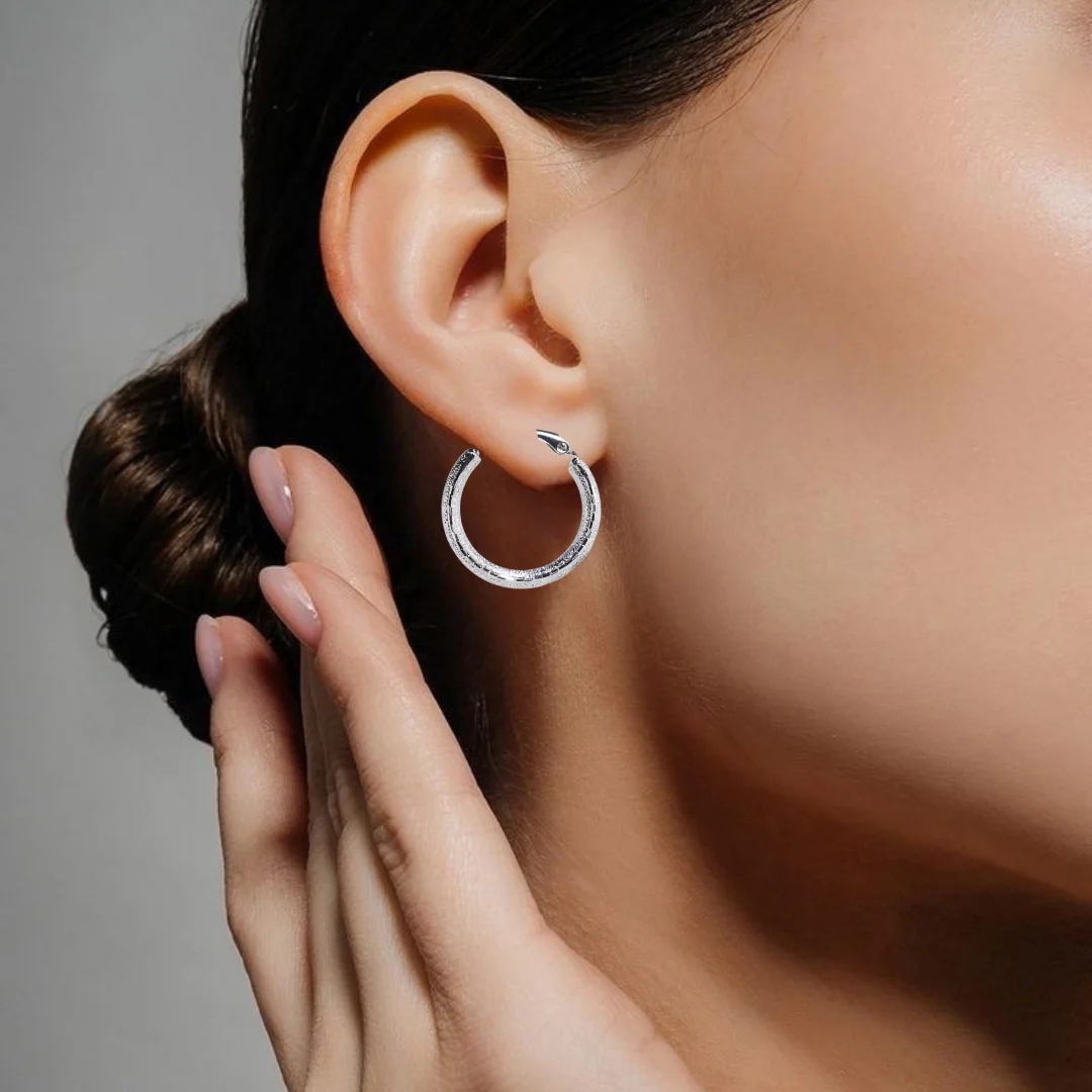 Matte Textured Sleek Metal Hoops Silver - Image 2