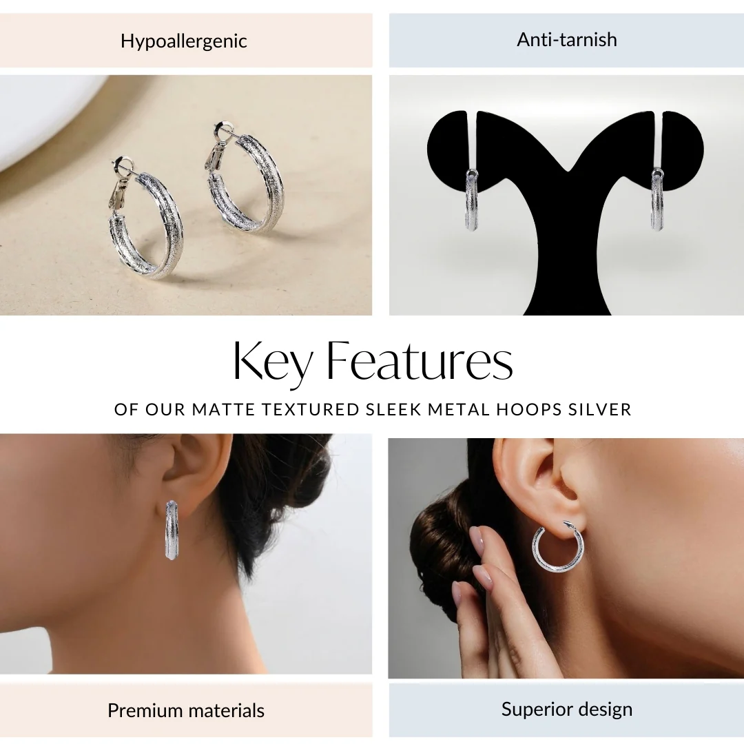 Matte Textured Sleek Metal Hoops Silver - Image 4