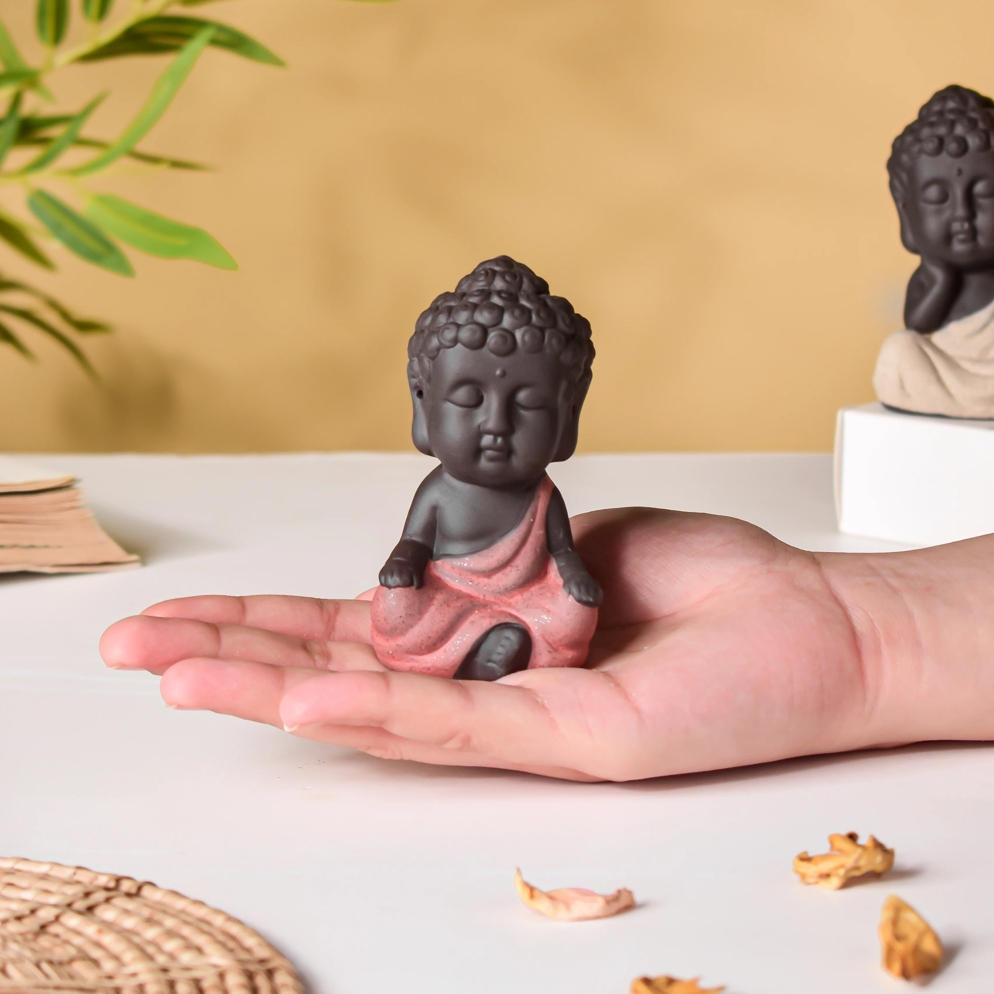Meditating Monk Clay Showpiece Small Brown - Image 2