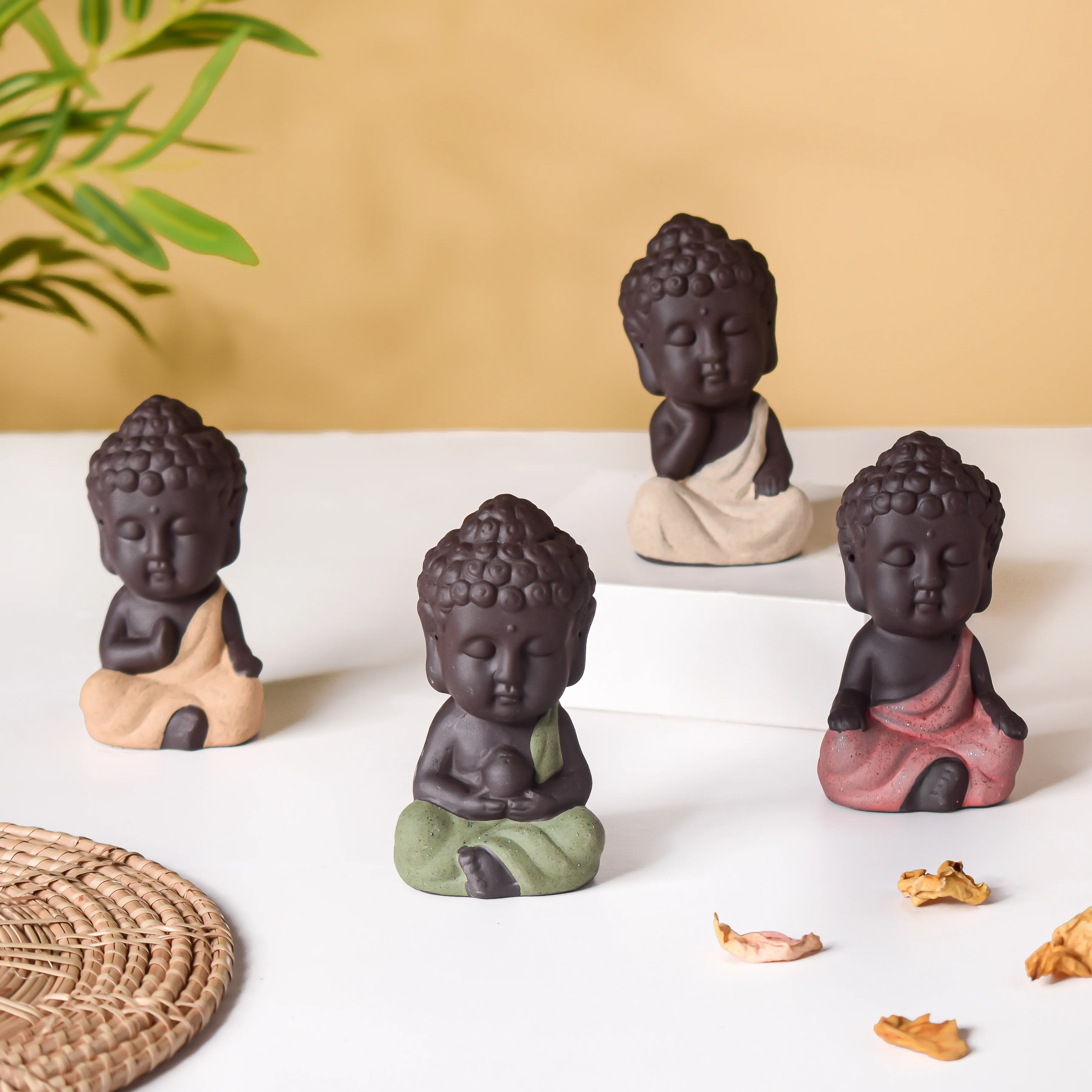 Meditating Monk Clay Showpiece Small Brown - Image 6