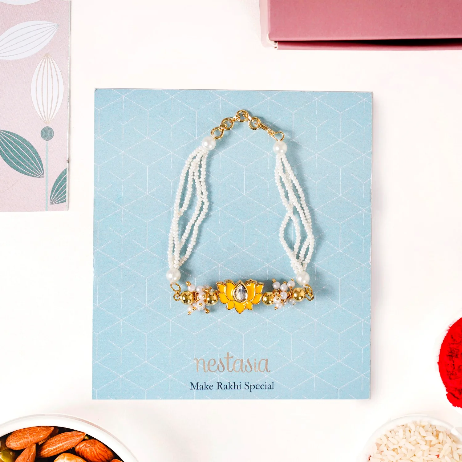 Meenakari Yellow Lotus Rakhi Gift Hamper - Image 9