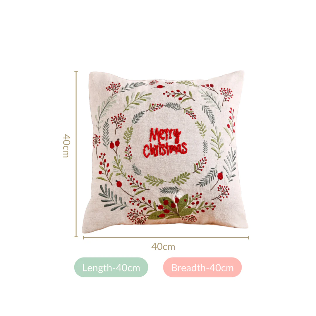 Merry Christmas Wreath Embroidered Cushion Cover 40x40cm - Image 4
