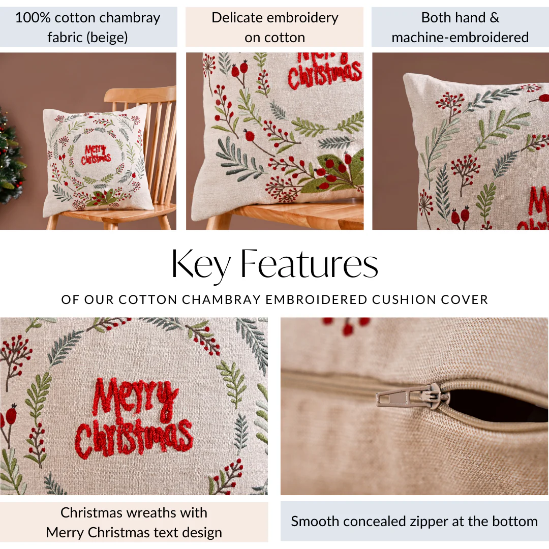 Merry Christmas Wreath Embroidered Cushion Cover 40x40cm - Image 5