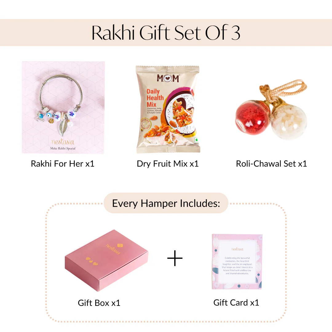 Metal Charm Bracelet Rakhi For Sister Set Of 3 With Gift Box And Card - Image 4