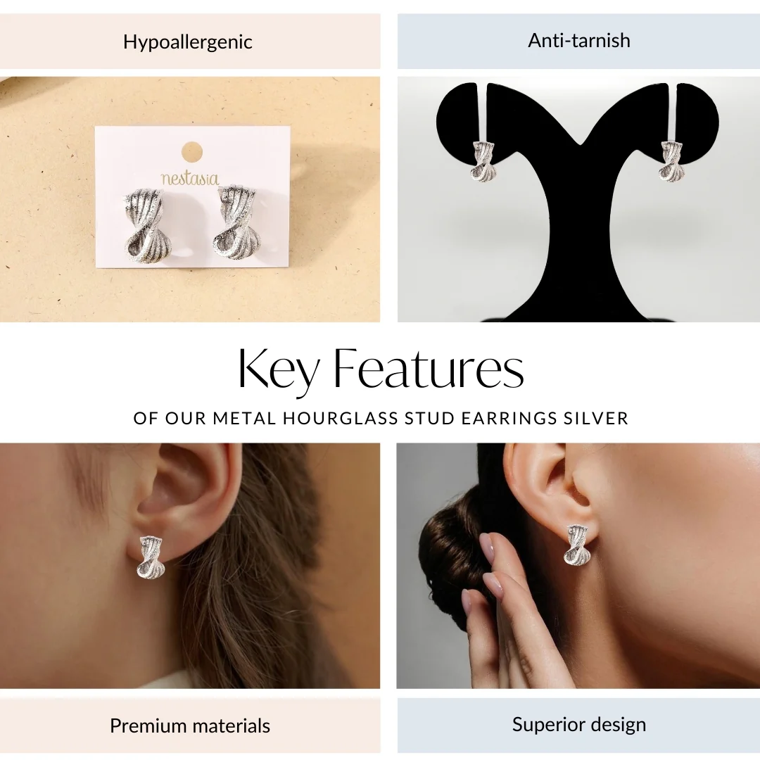 Metal Hourglass Stud Earrings Silver - Image 4