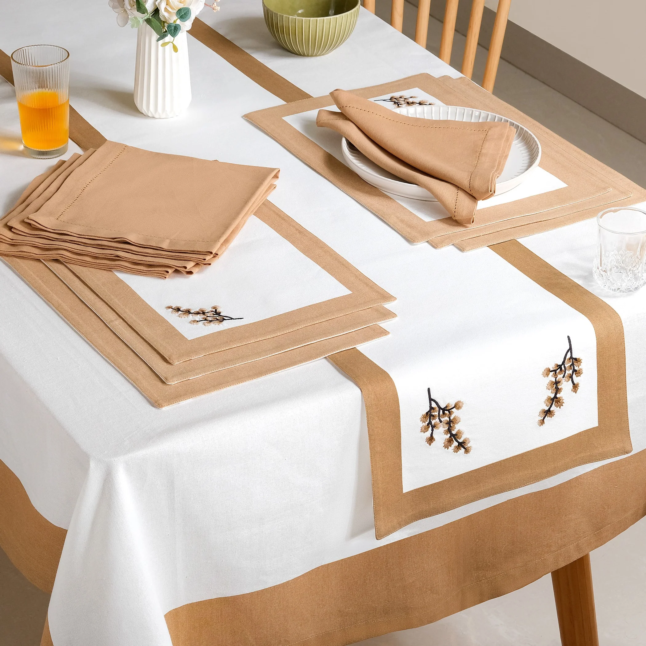 Midori Complete Table Linen Set With Mats Napkins Runner And Table Cloth In Brown - Image 2