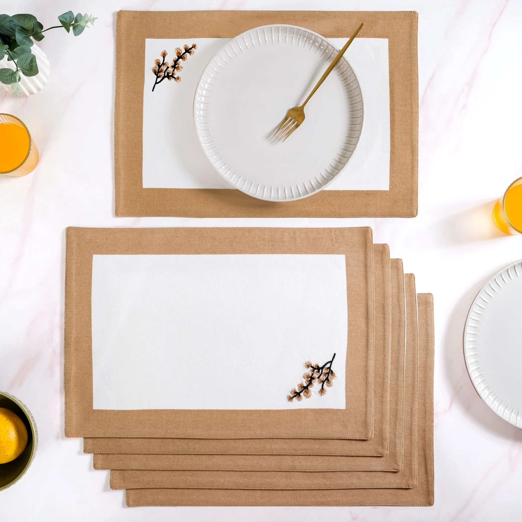 Midori Embroidered Placemats And Napkins Table Set Of 12 In Brown - Image 5