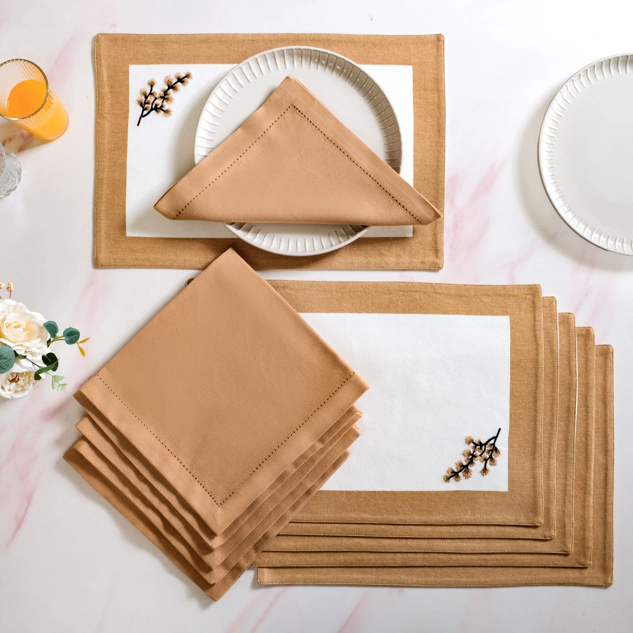 Midori Embroidered Placemats And Napkins Table Set Of 12 In Brown - Image 9