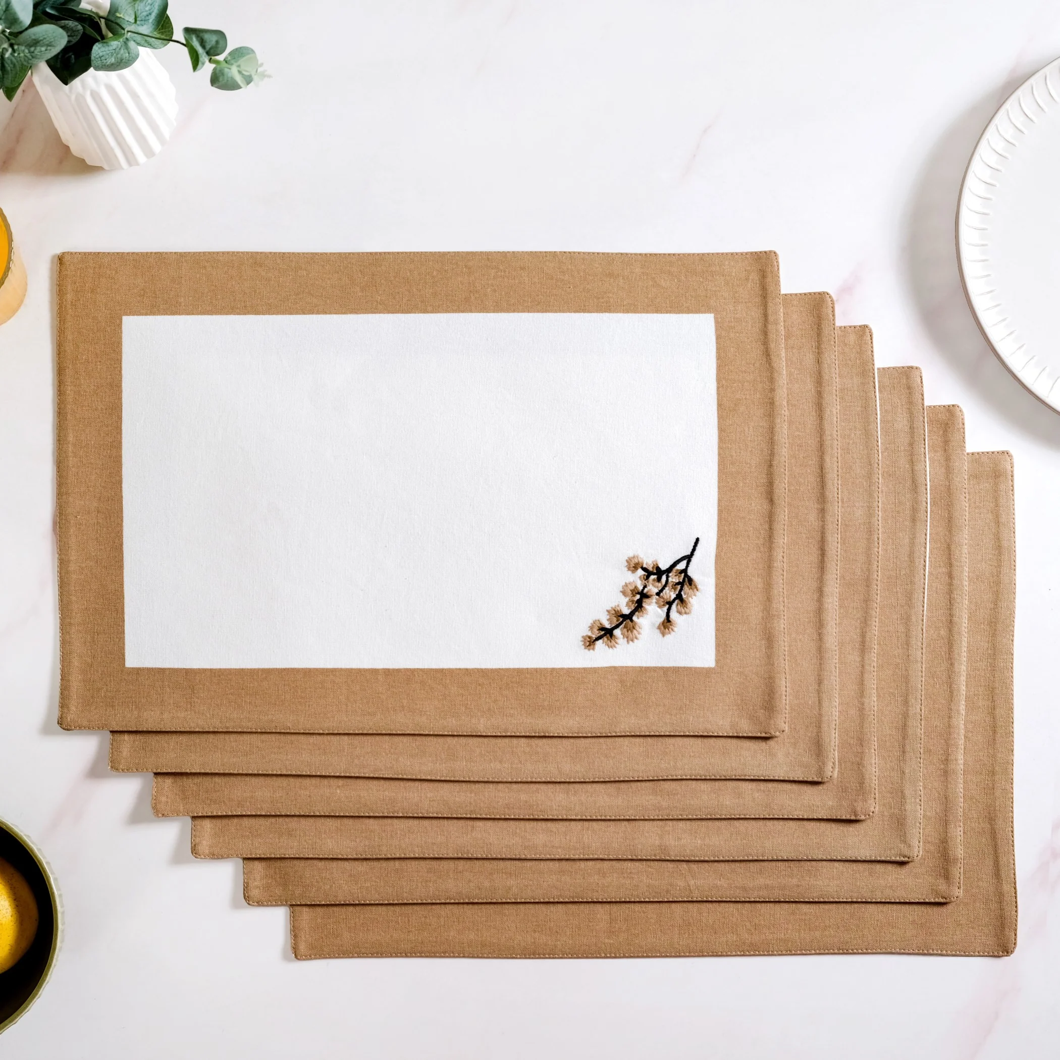 Midori Pure Cotton Table Mat Set Of 6 In Brown - Image 7