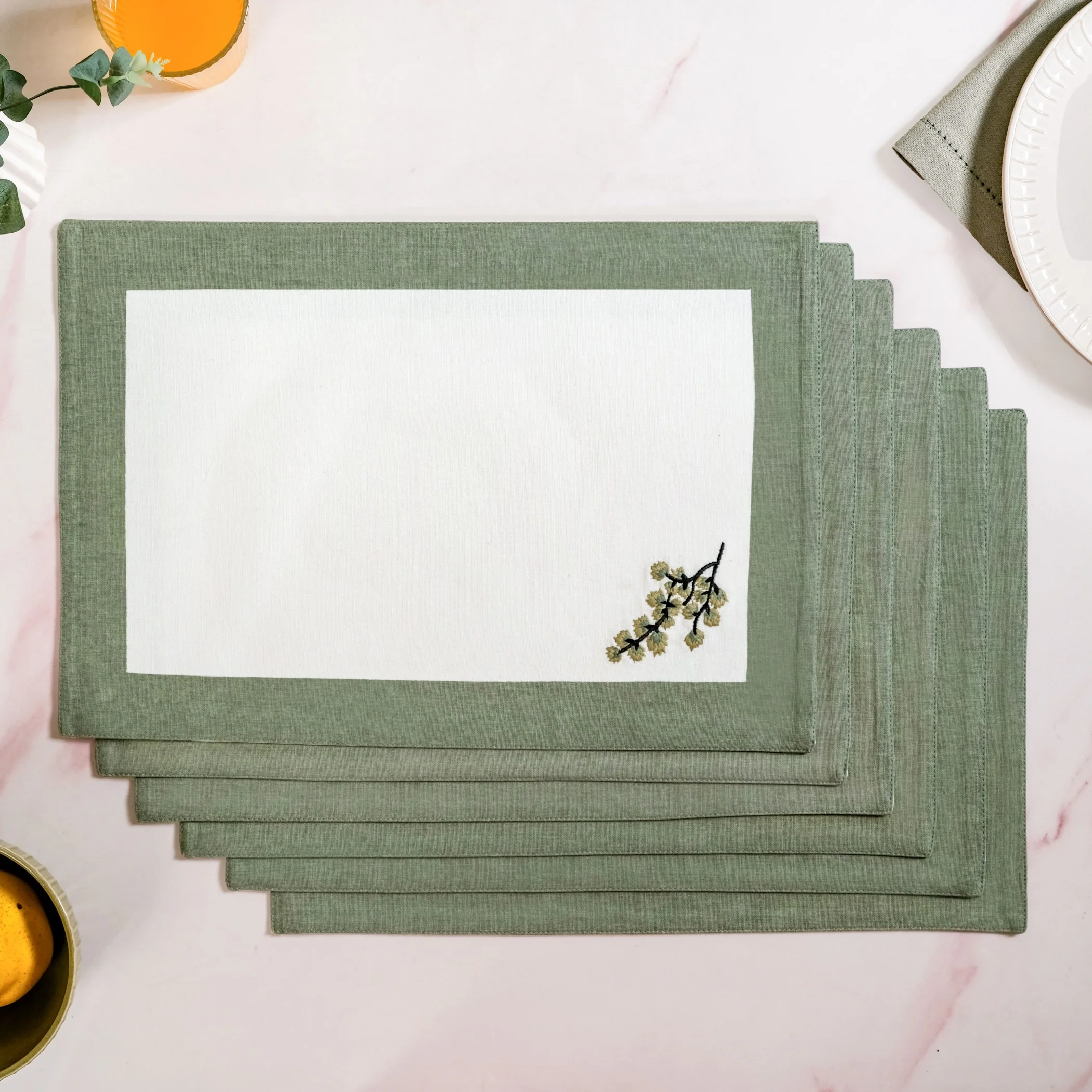 Midori Pure Cotton Table Mat Set Of 6 In Sage Green - Image 7