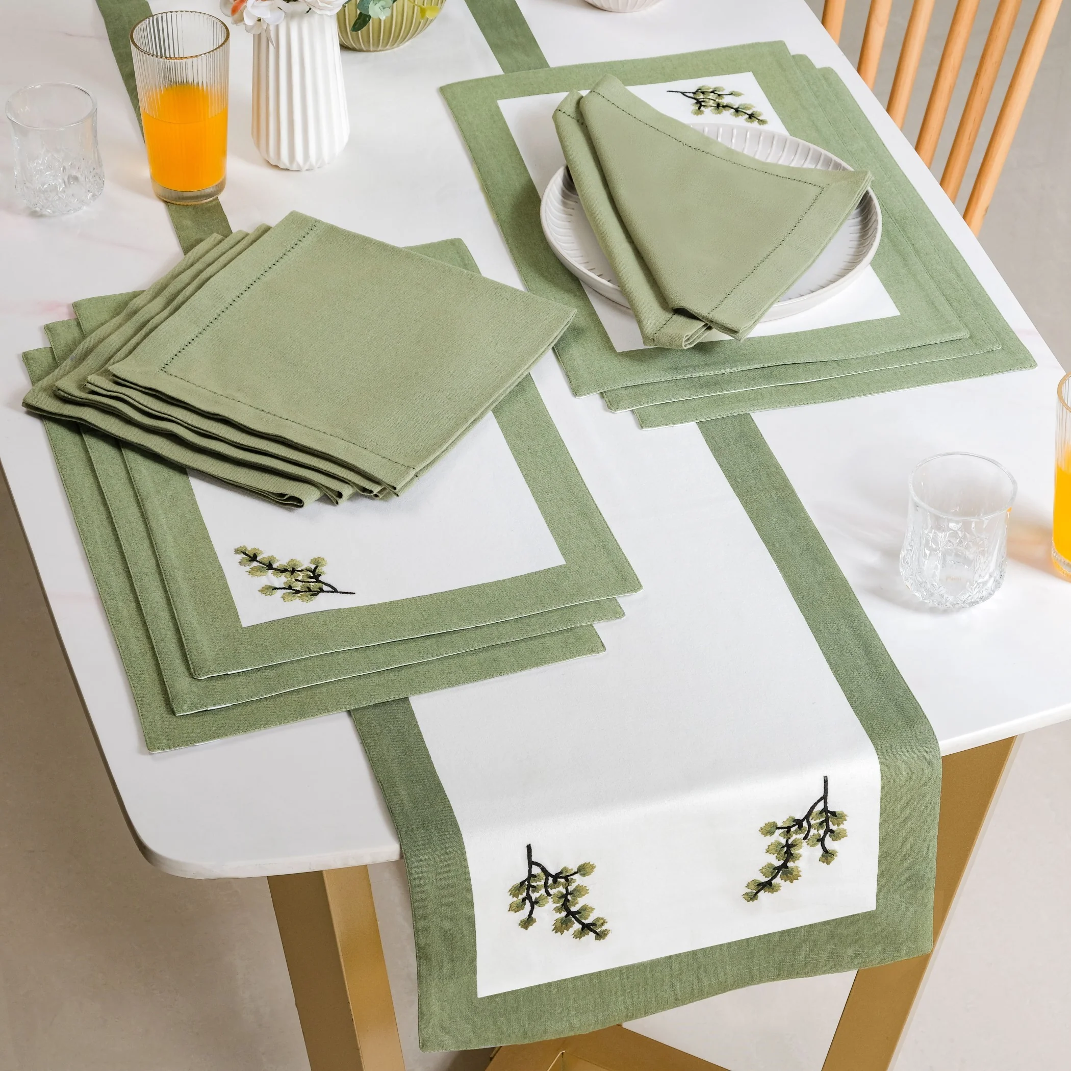 Midori Pure Cotton Table Placemat Runner And Napkin 13 Piece Set