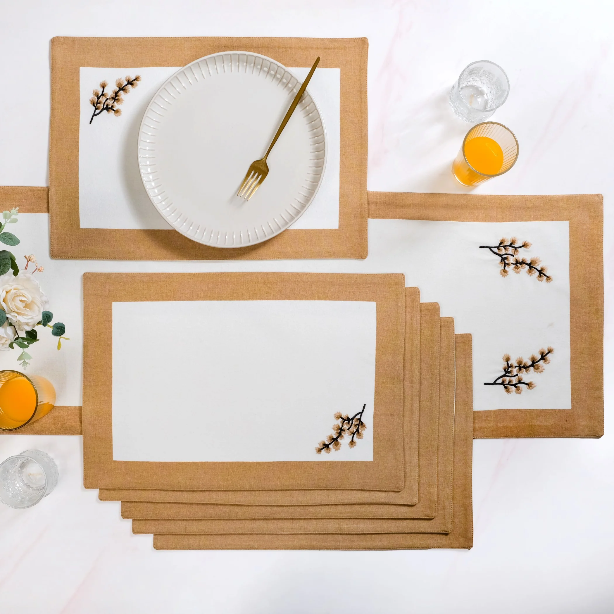 Midori Pure Cotton Table Runner And Placemat Set Of 7 In Brown - Image 2