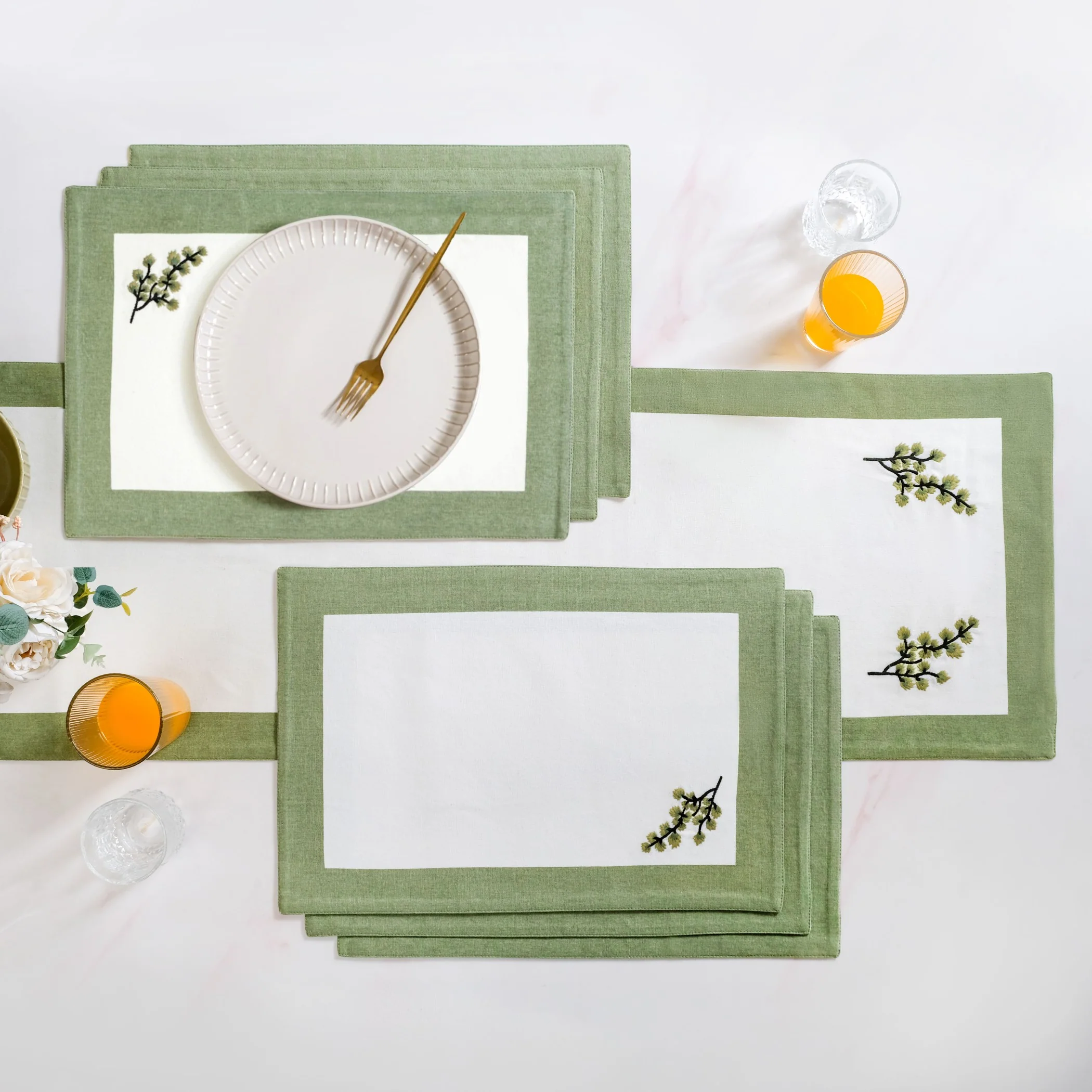 Midori Pure Cotton Table Runner And Placemat Set Of 7 Sage Green - Image 7