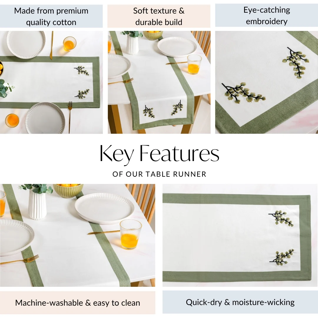 Midori Pure Cotton Table Runner In Sage Green 180x36cm - Image 4