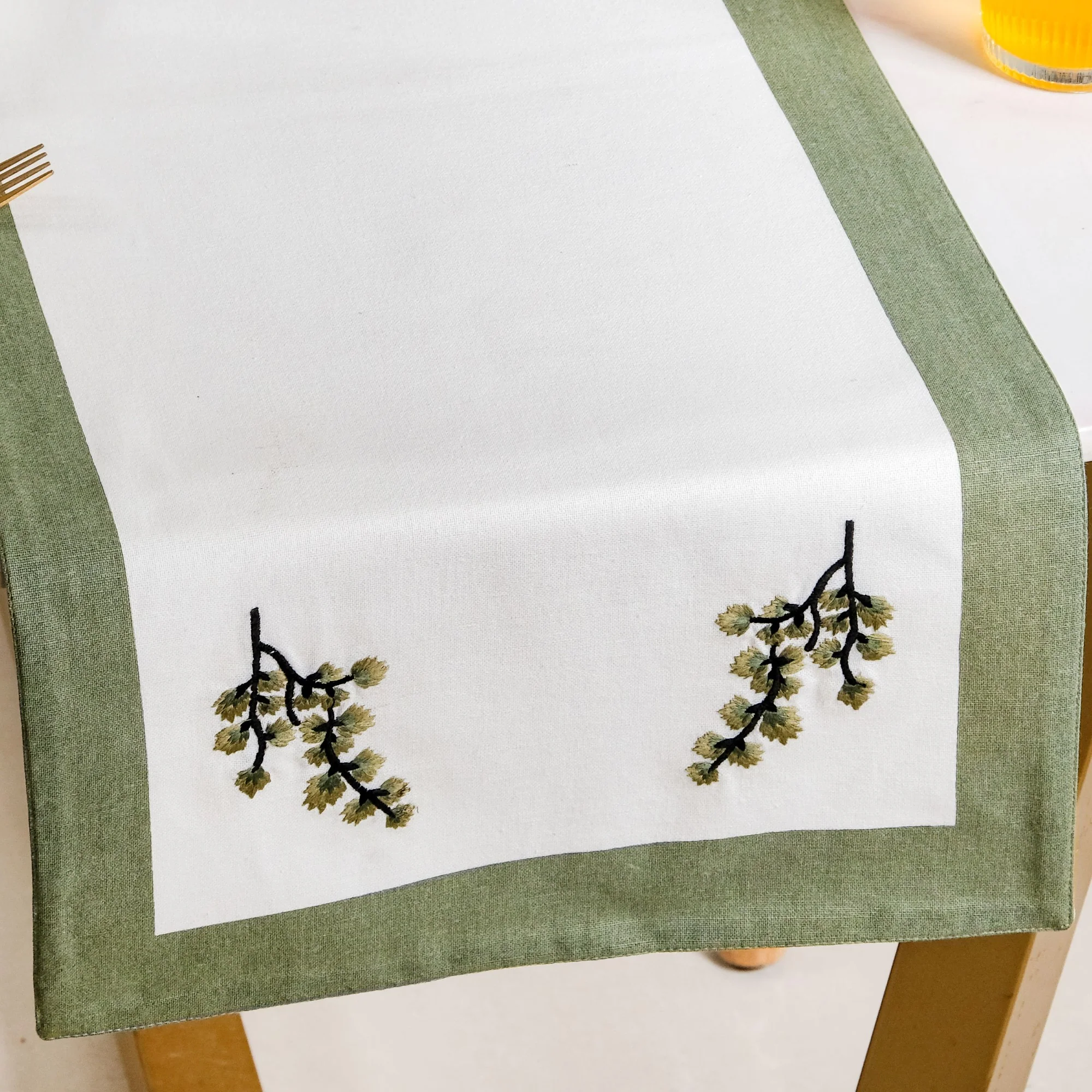 Midori Pure Cotton Table Runner In Sage Green 180x36cm - Image 6