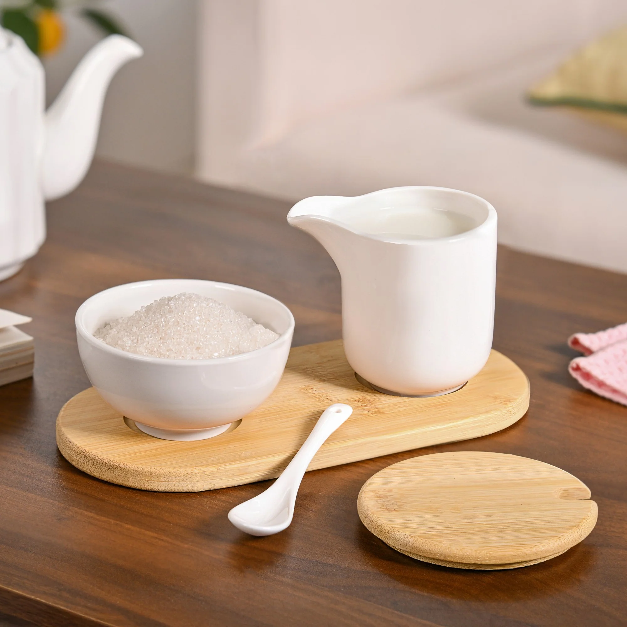 Milk Pot And Sugar Bowl With Stand And Spoon - Image 2