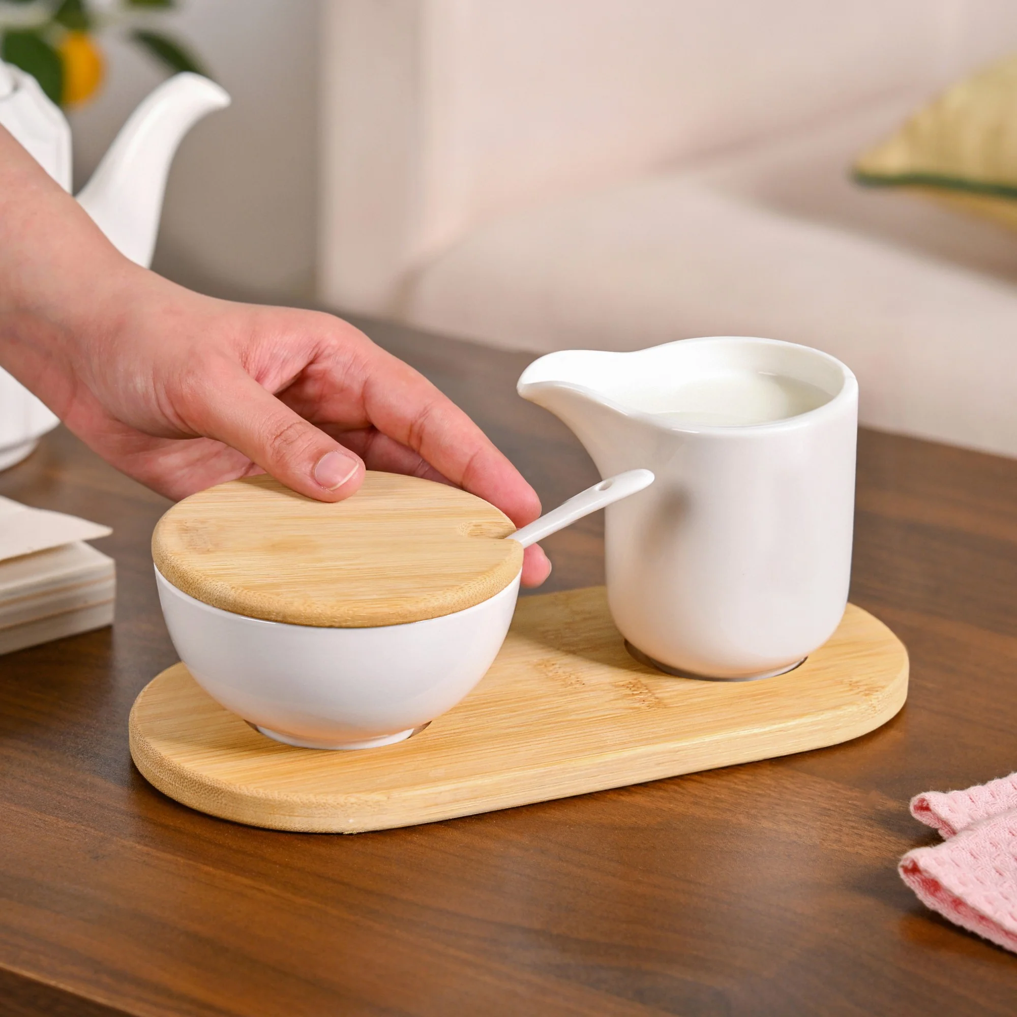 Milk Pot And Sugar Bowl With Stand And Spoon - Image 3
