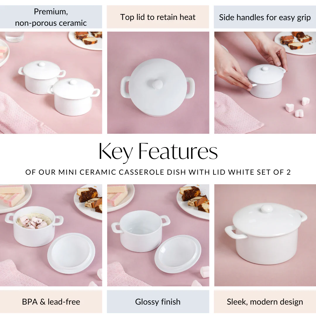 Mini Ceramic Casserole Dish With Lid White Set Of 2 - Image 5