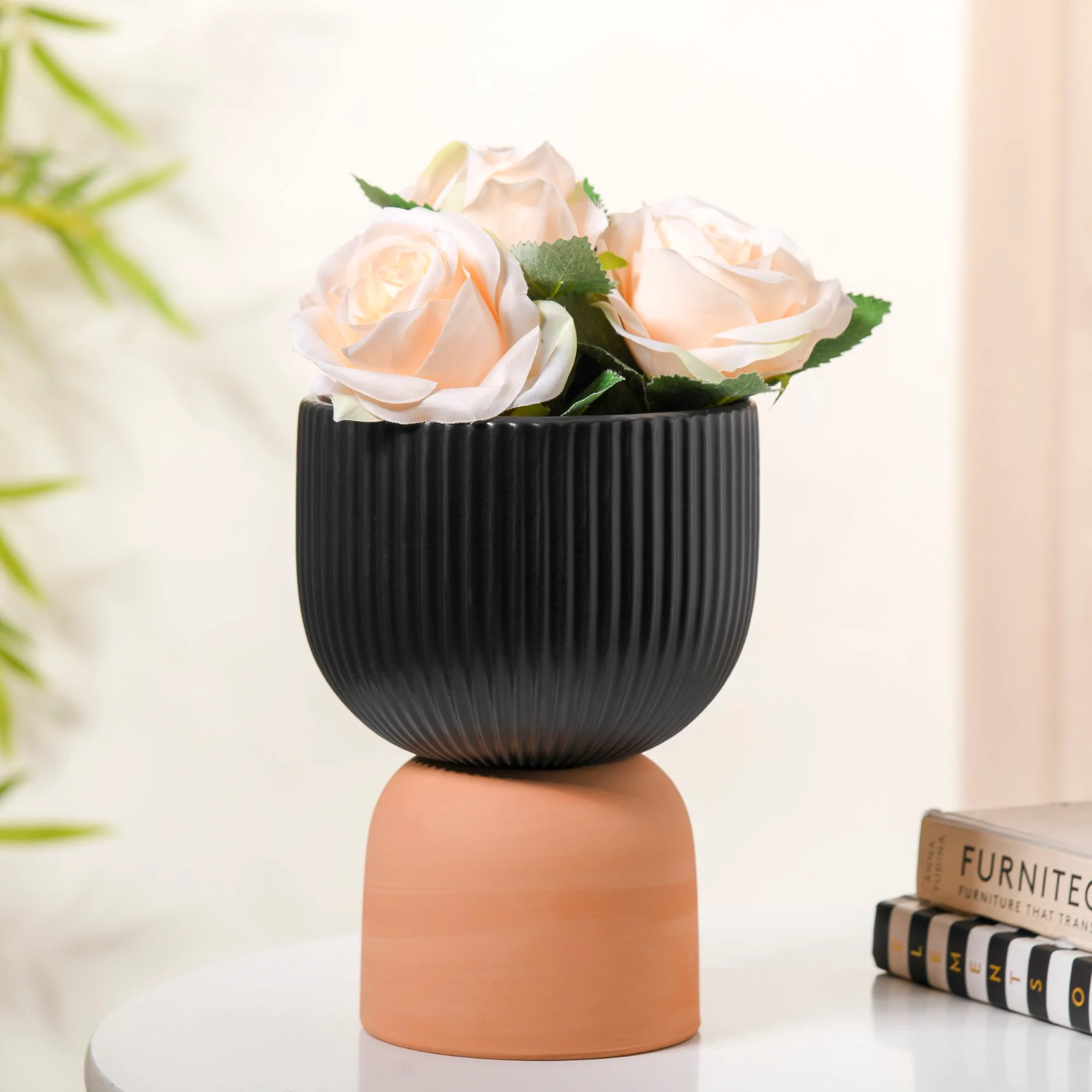 Minimalist Black Ribbed Pedestal Vase - Image 3