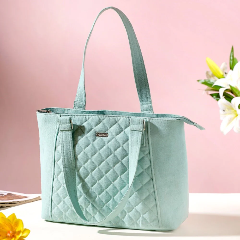 Mint Canvas Quilted Tote Bag - Image 9