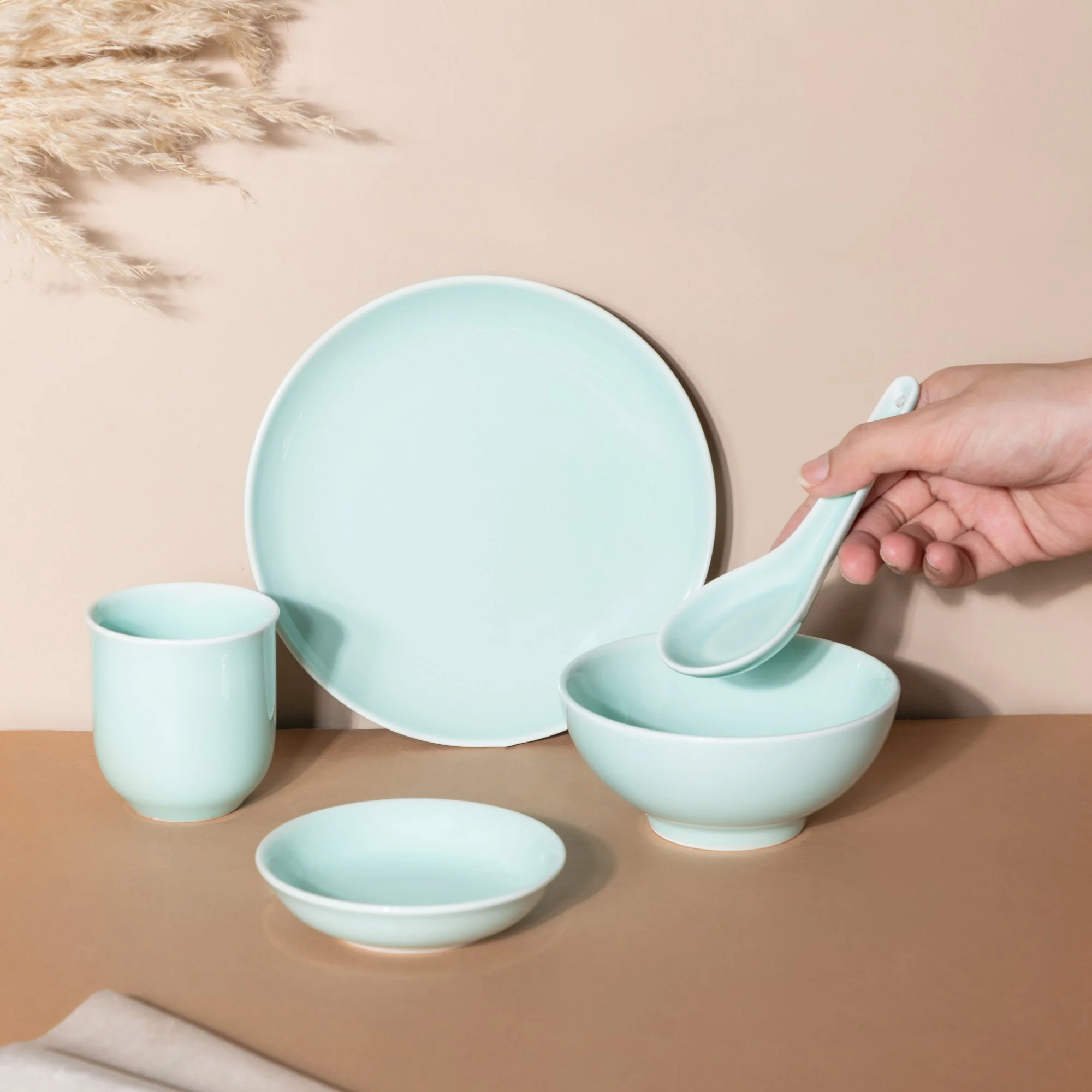 Mint Green Ceramic dinner set components For One - Image 2