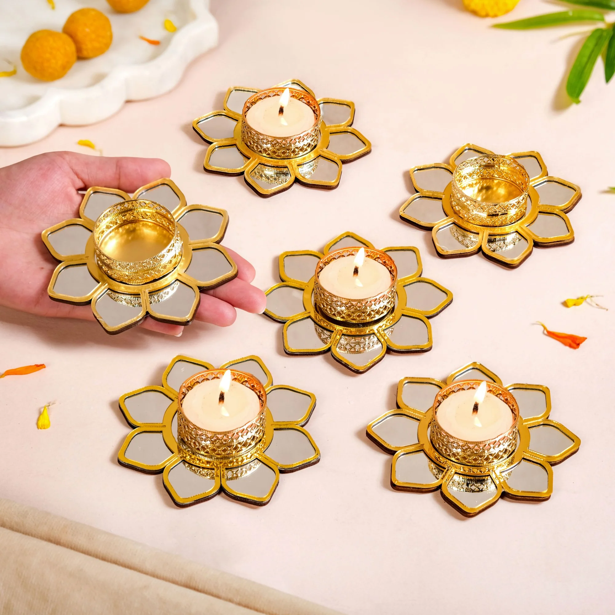 Mirror Petal Tea Light Holder Set Of 6 - Image 2