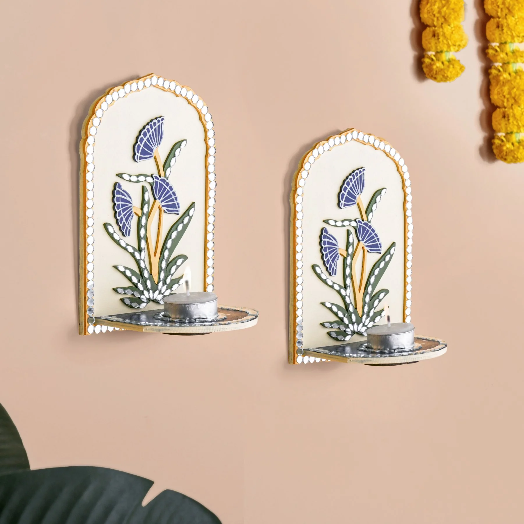 Mirrorwork Lippan Wall Tealight Holder Set Of 2 Royal Blue - Image 2