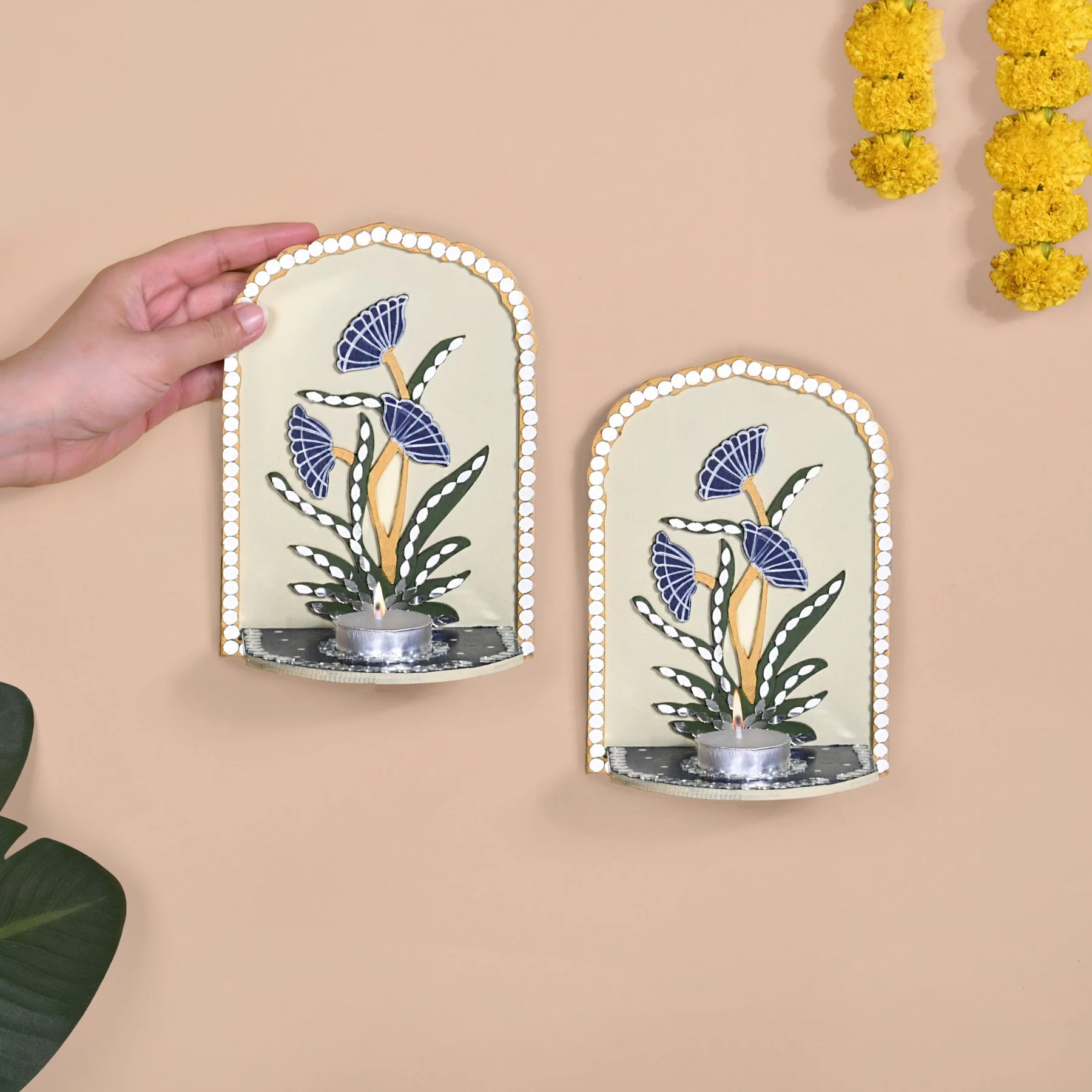 Mirrorwork Lippan Wall Tealight Holder Set Of 2 Royal Blue - Image 3