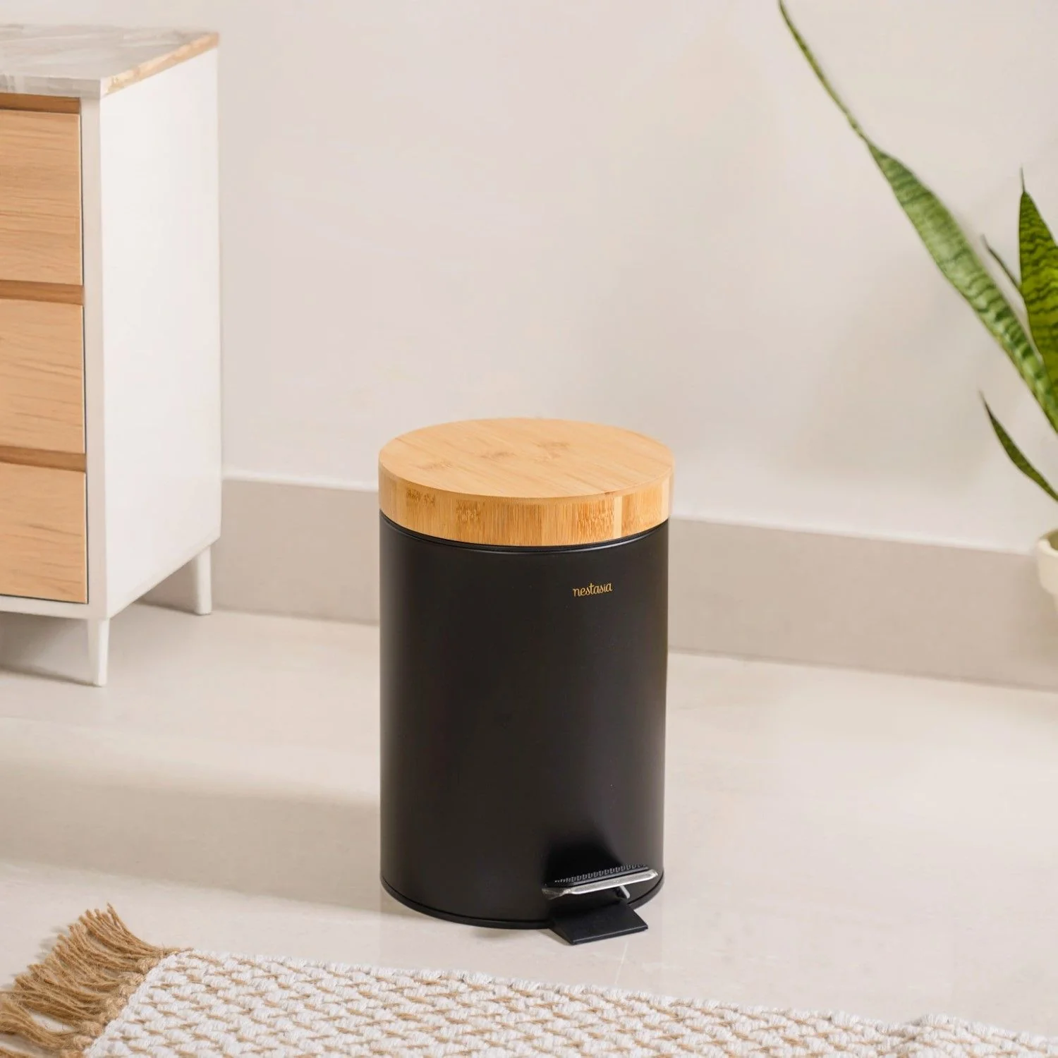 Modbin Bamboo Lid Metal Dustbin With Bucket Black 3000ml