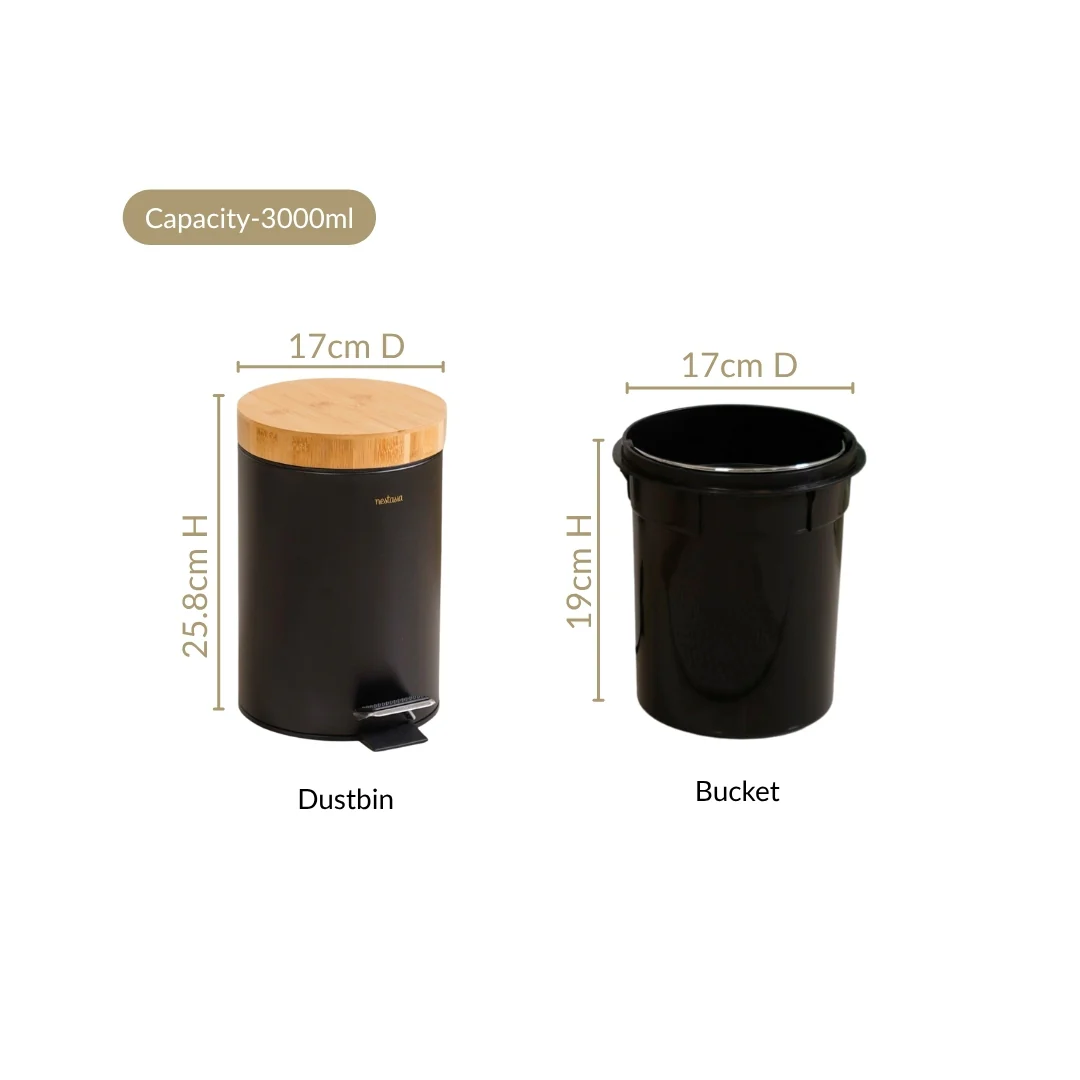 Modbin Bamboo Lid Metal Dustbin With Bucket Black 3000ml - Image 4