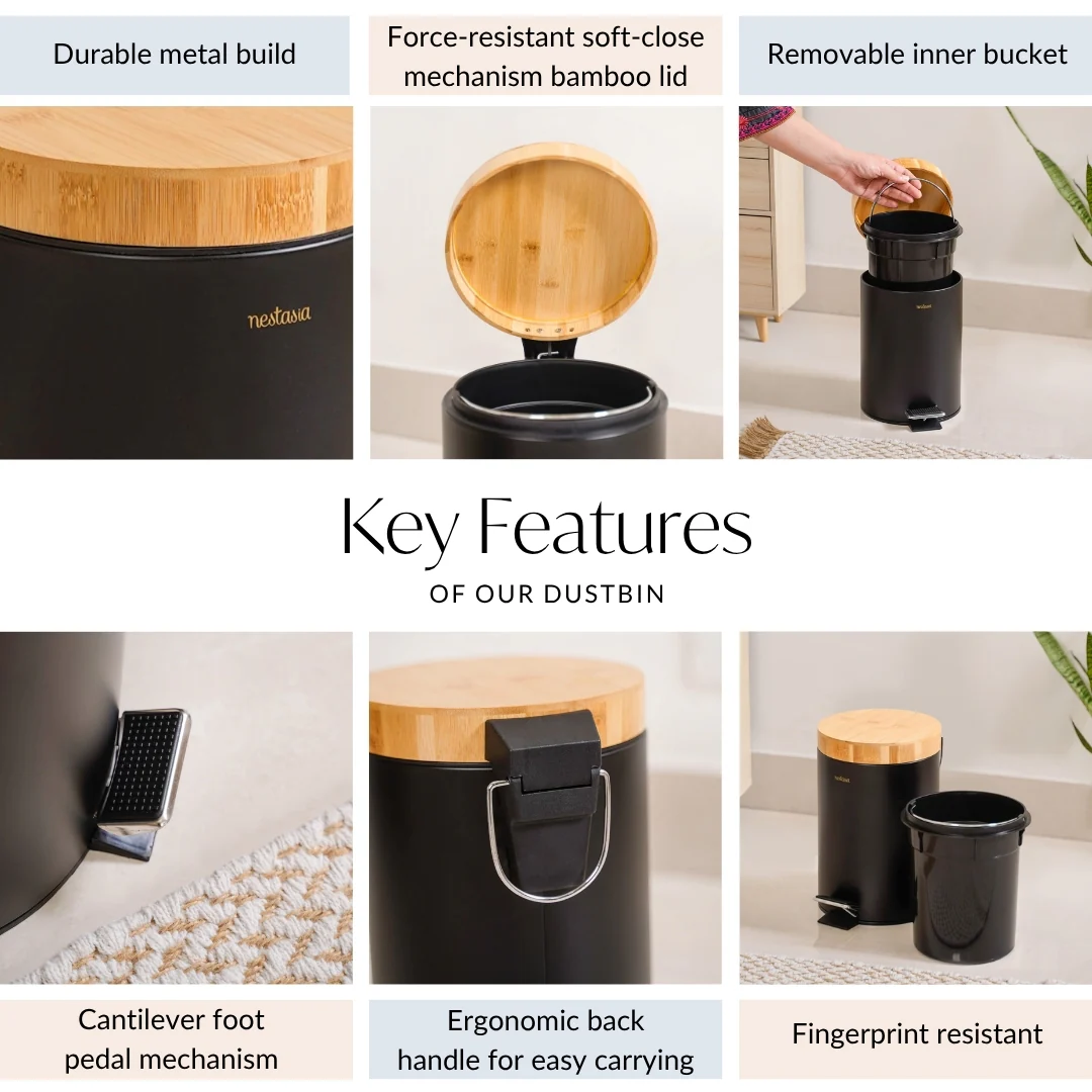 Modbin Bamboo Lid Metal Dustbin With Bucket Black 3000ml - Image 5