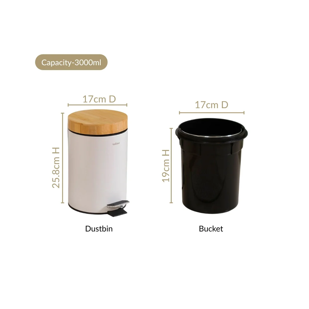 Modbin Bamboo Lid Metal Dustbin With Bucket White 3000ml - Image 4