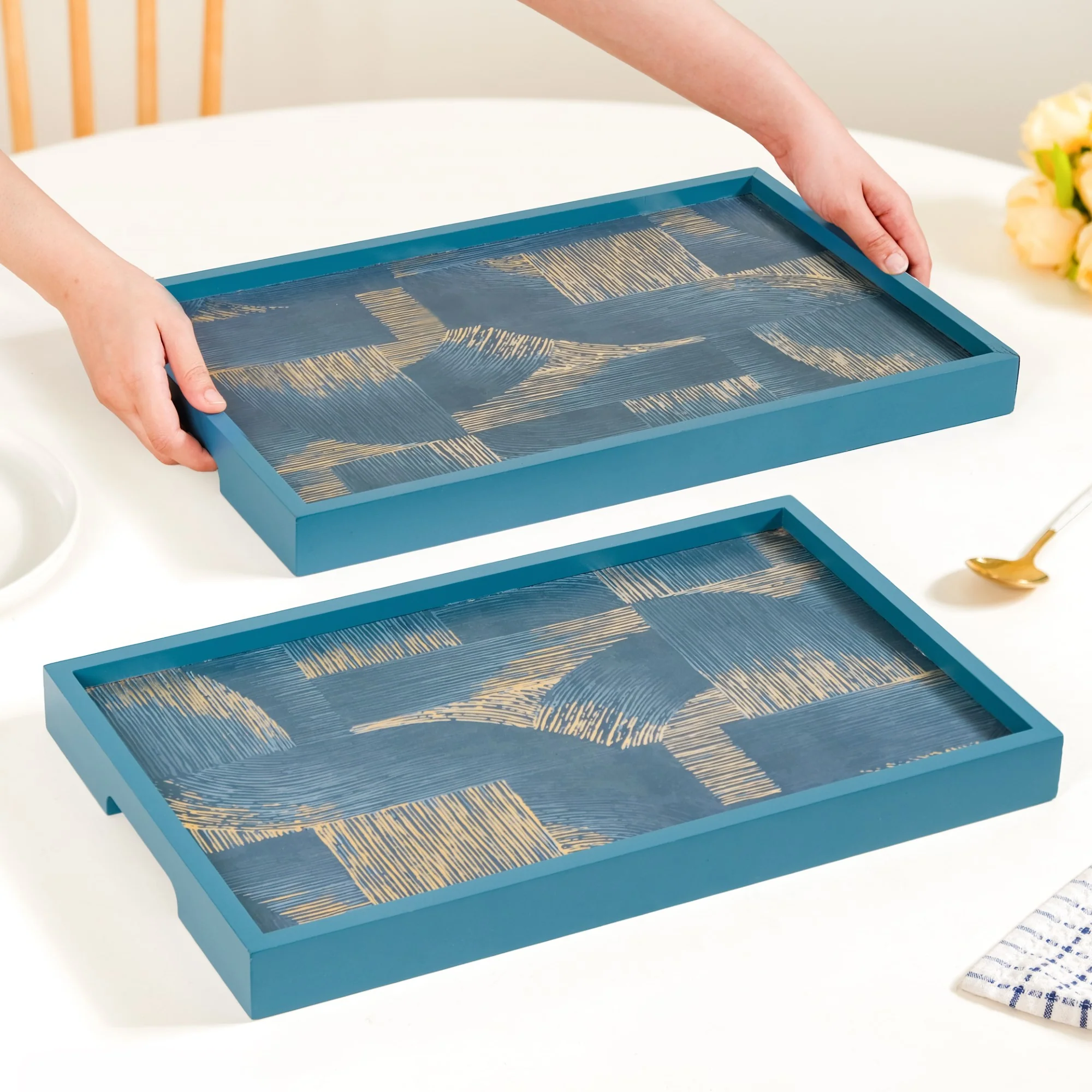 Modern Abstract Art Tray Set Of 2 Blue - Image 2