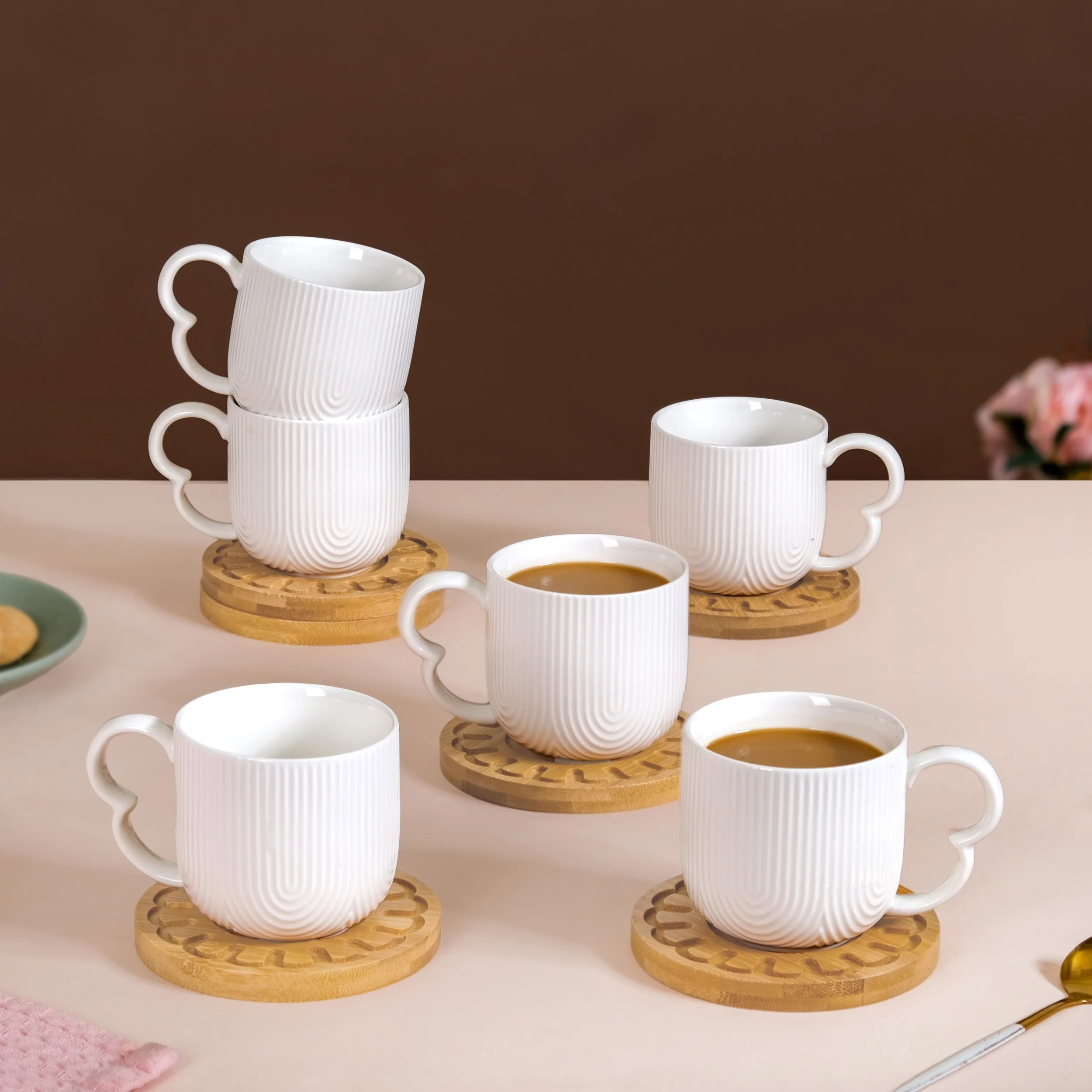 Modern Art Deco Ceramic Cup Set Of 6 With Coasters 200ml - Image 10