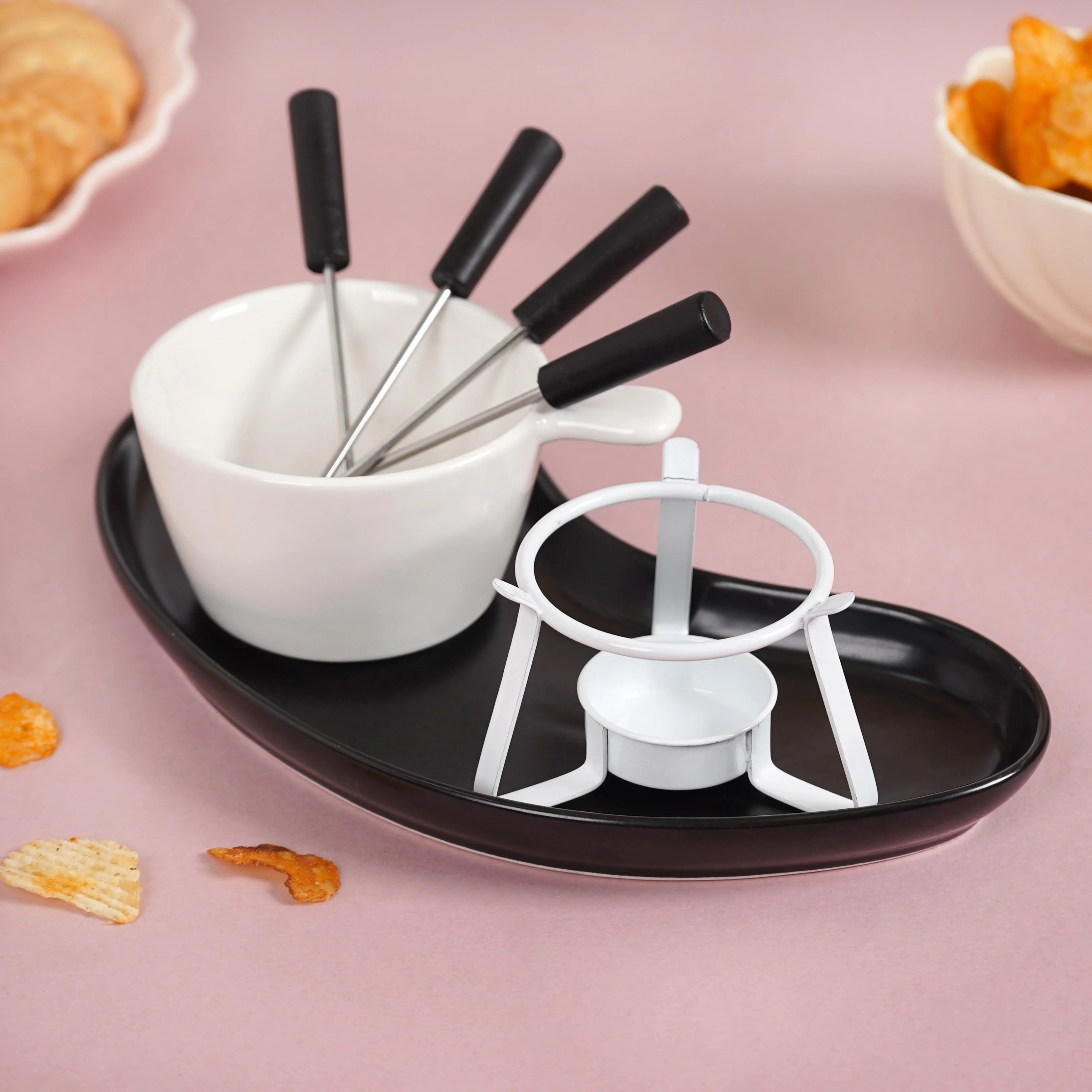 Modern Cheese Fondue Set With Dip Skewers And Plate - Image 9