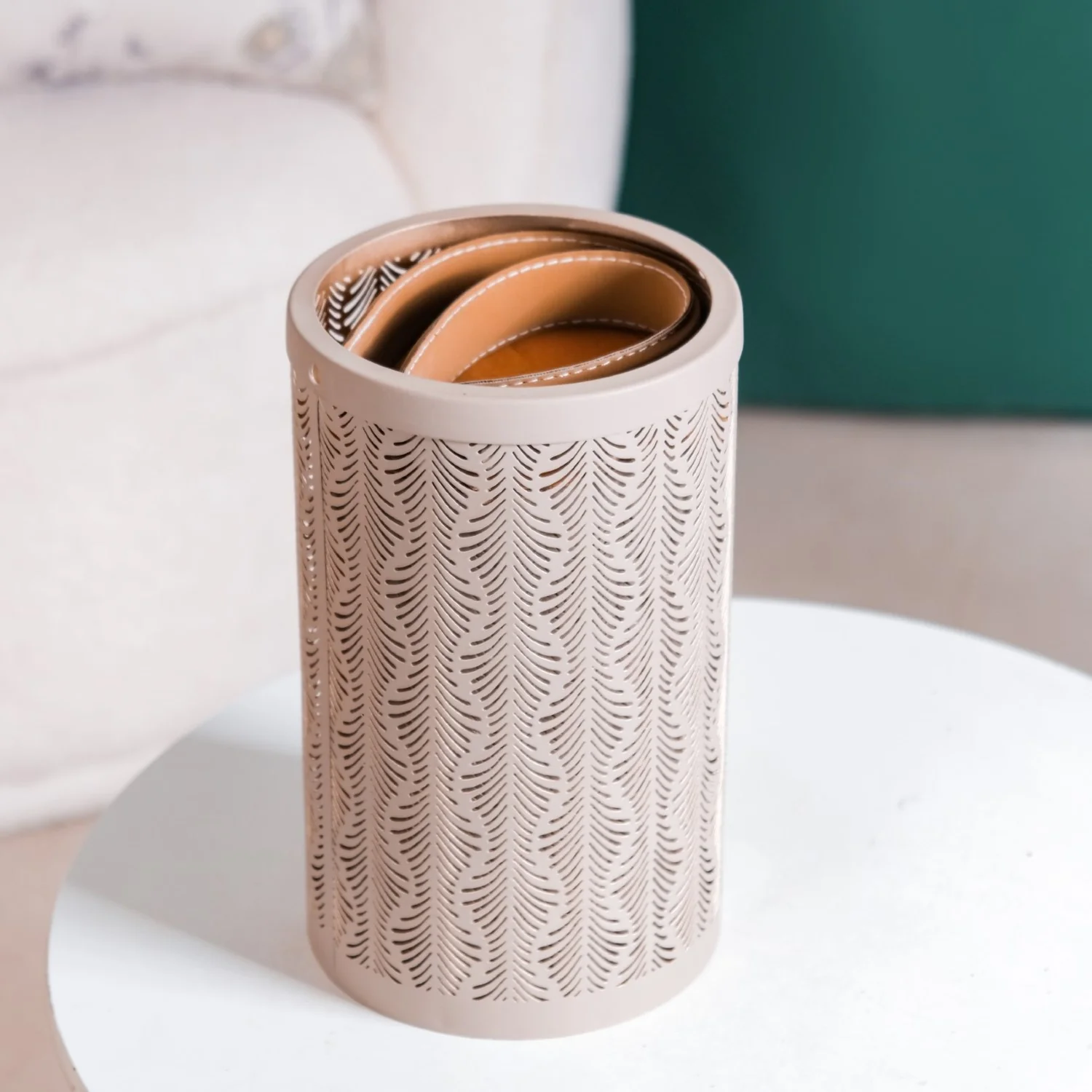 Modern Matte Beige Leaf Cutwork Metal Lantern Set Of 2 - Image 13
